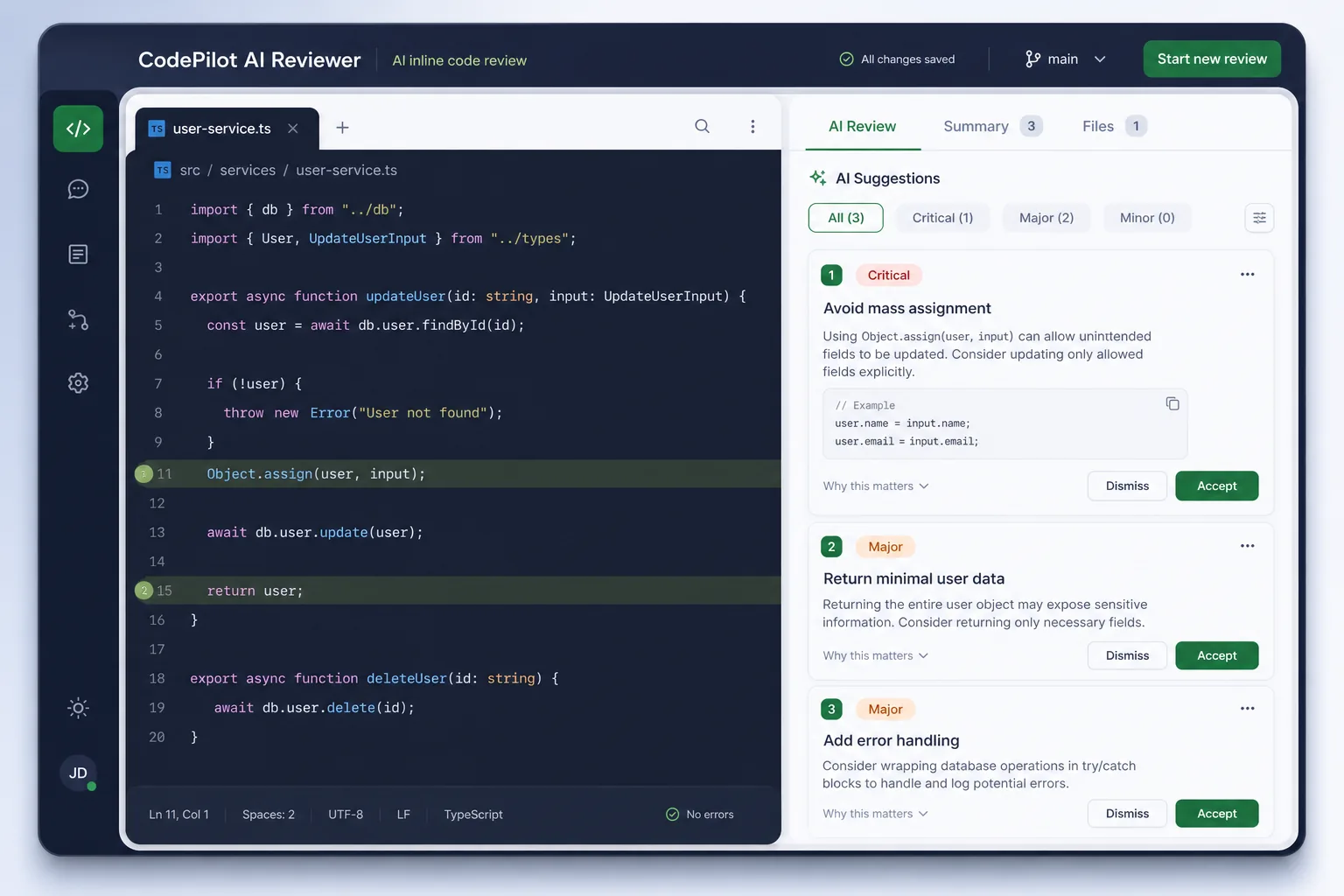 LLM Pull Request Code Review Assistant — core workflow screen
