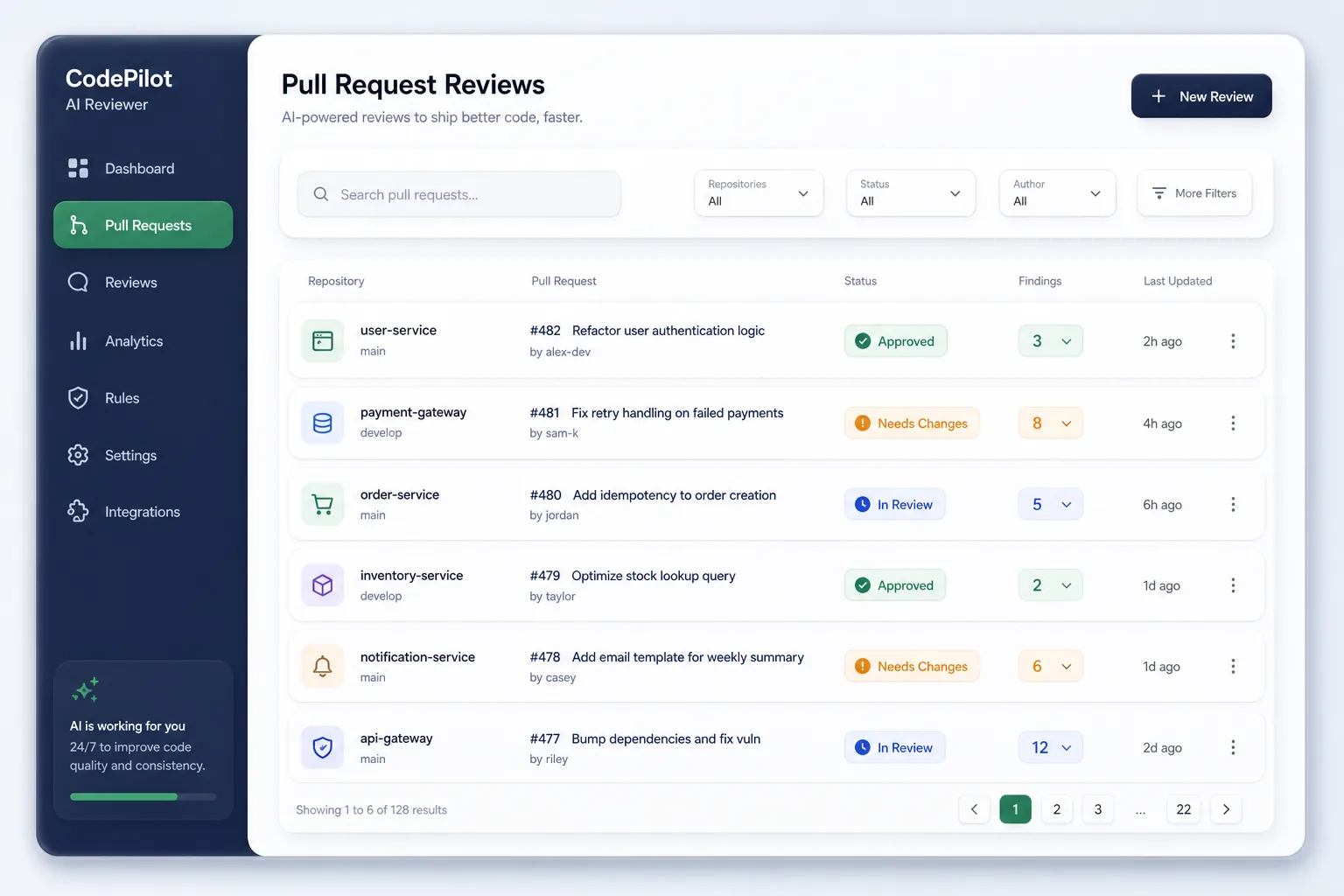 LLM Pull Request Code Review Assistant — browse and list view