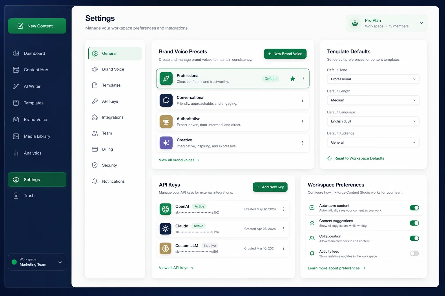 AI Marketing Content and Image Studio — settings and configuration