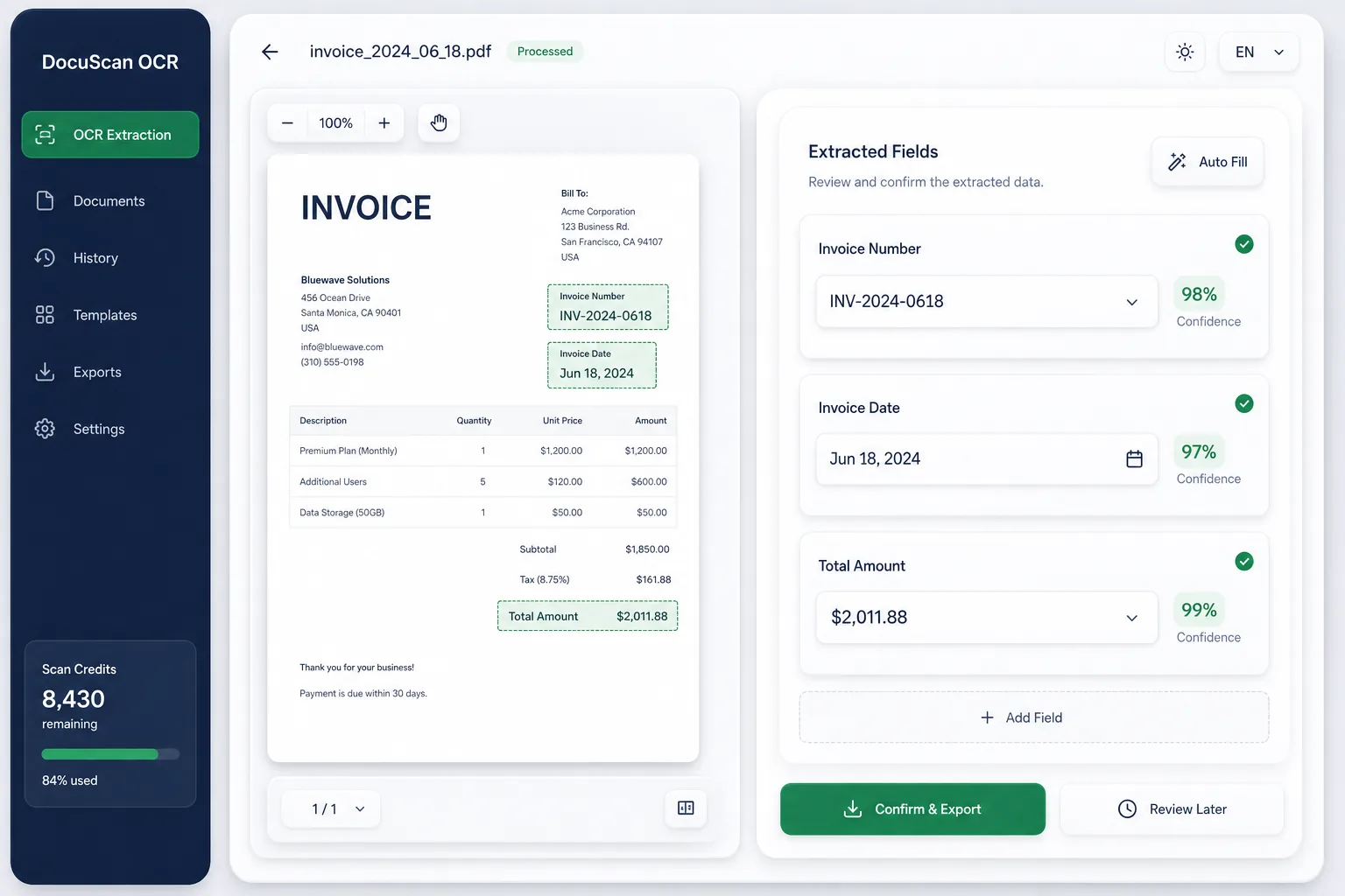 OCR Data Extraction for Invoices and IDs — core workflow screen