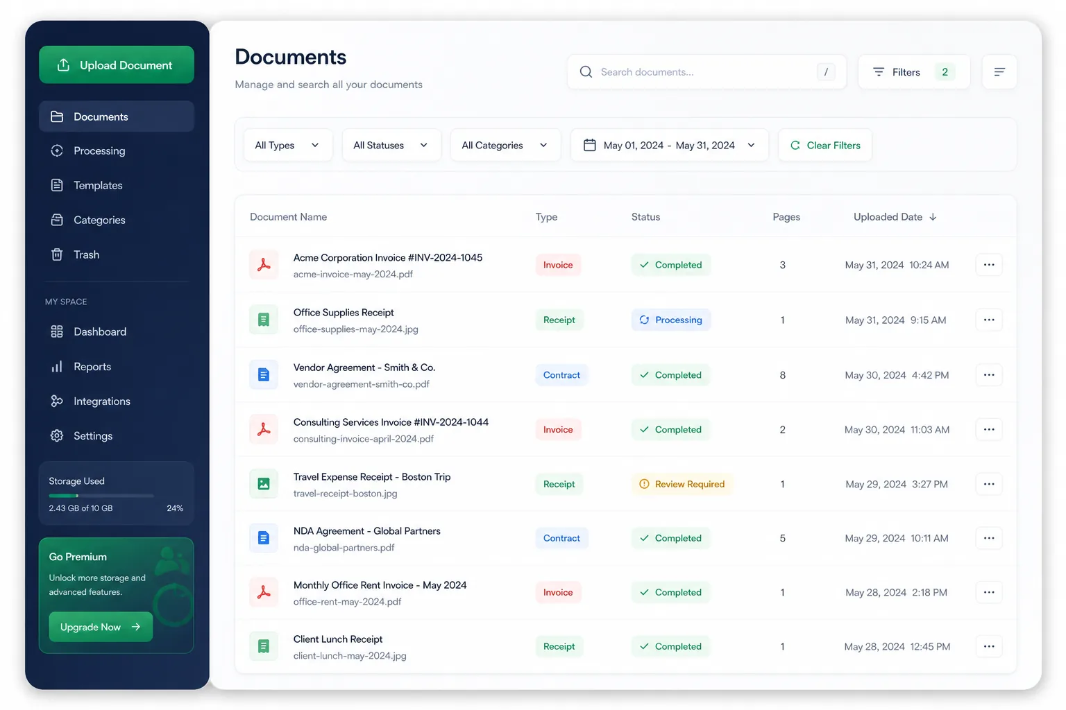 OCR Data Extraction for Invoices and IDs — browse and list view