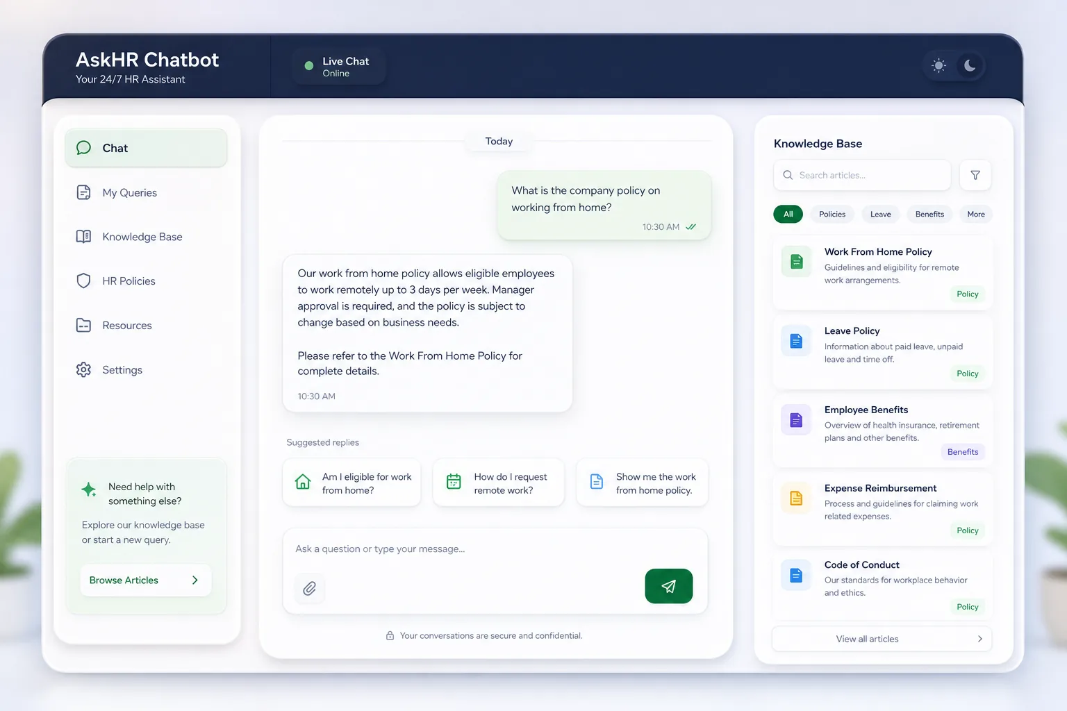 Employee Self-Service HR Chatbot — core workflow screen