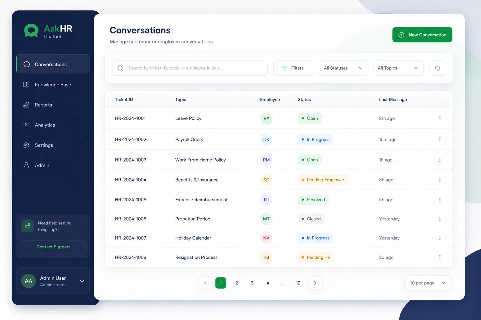 Employee Self-Service HR Chatbot — browse and list view