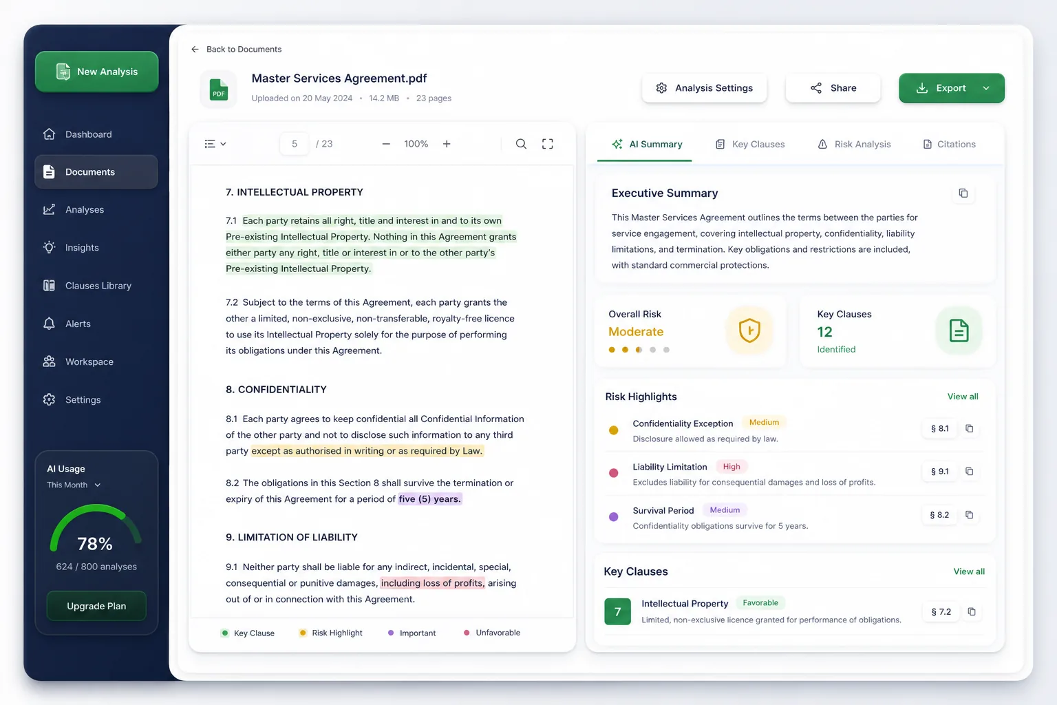 AI Contract Summary and Clause Risk Review — core workflow screen