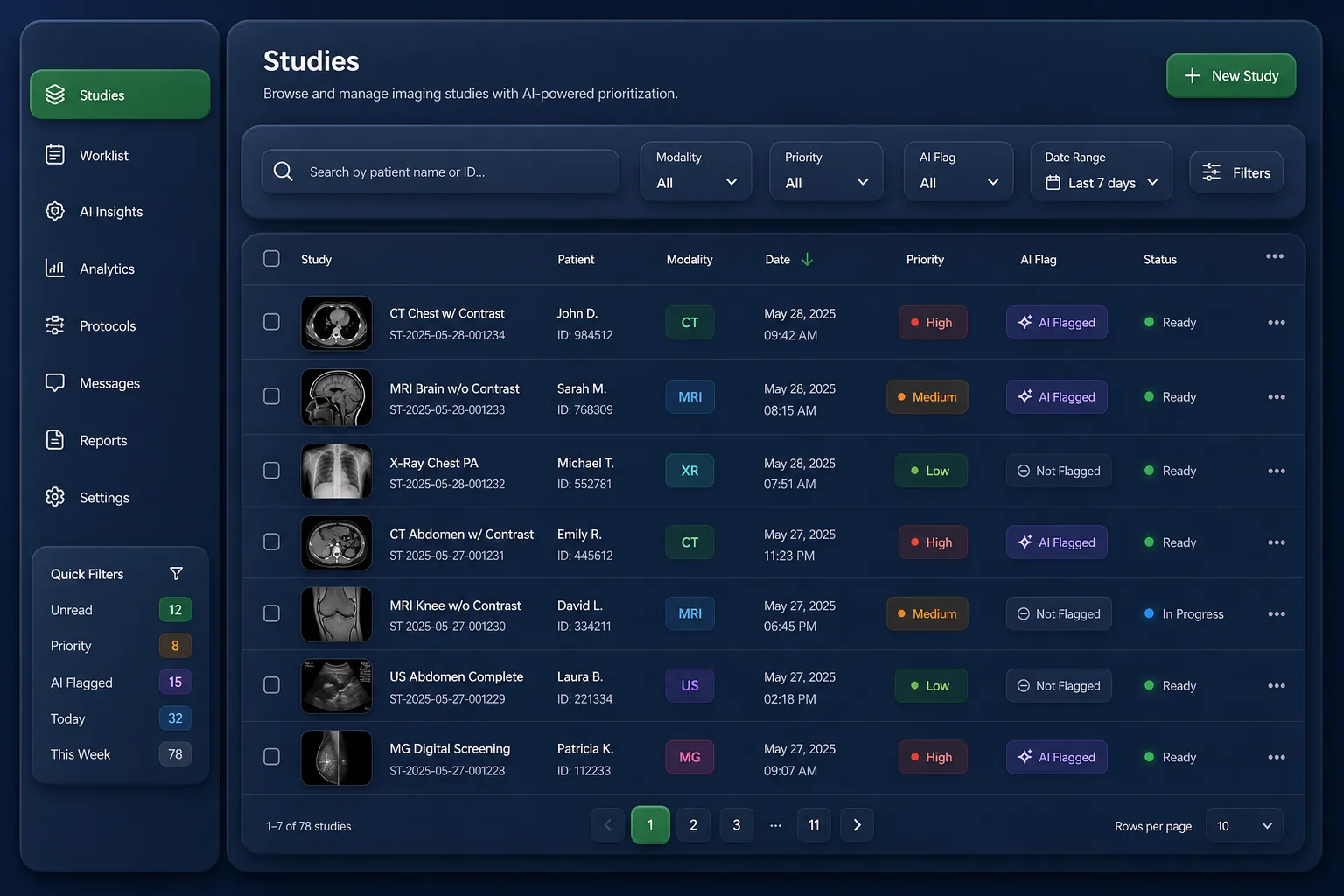 AI Triage for Chest X-Ray and CT Scans — browse and list view