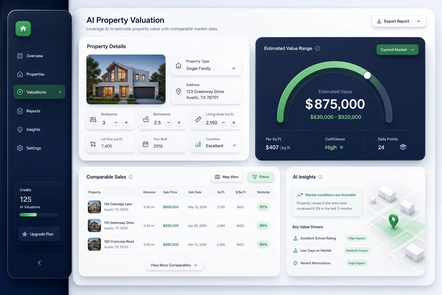 AI Property Valuation Model (AVM) — core workflow screen