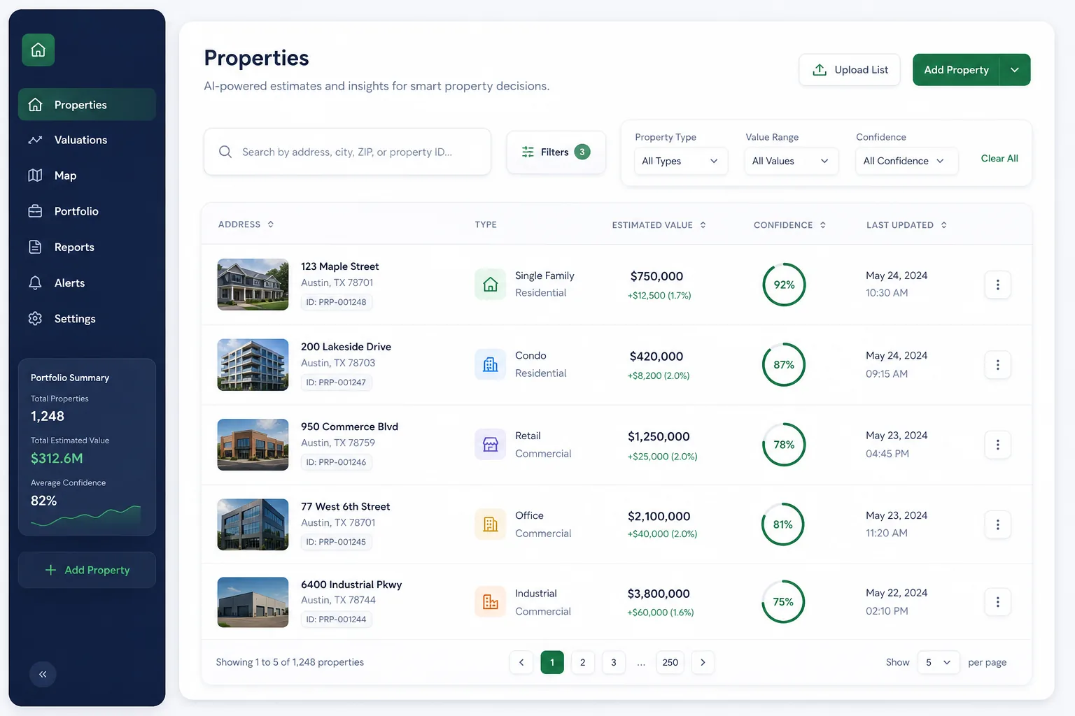 AI Property Valuation Model (AVM) — browse and list view