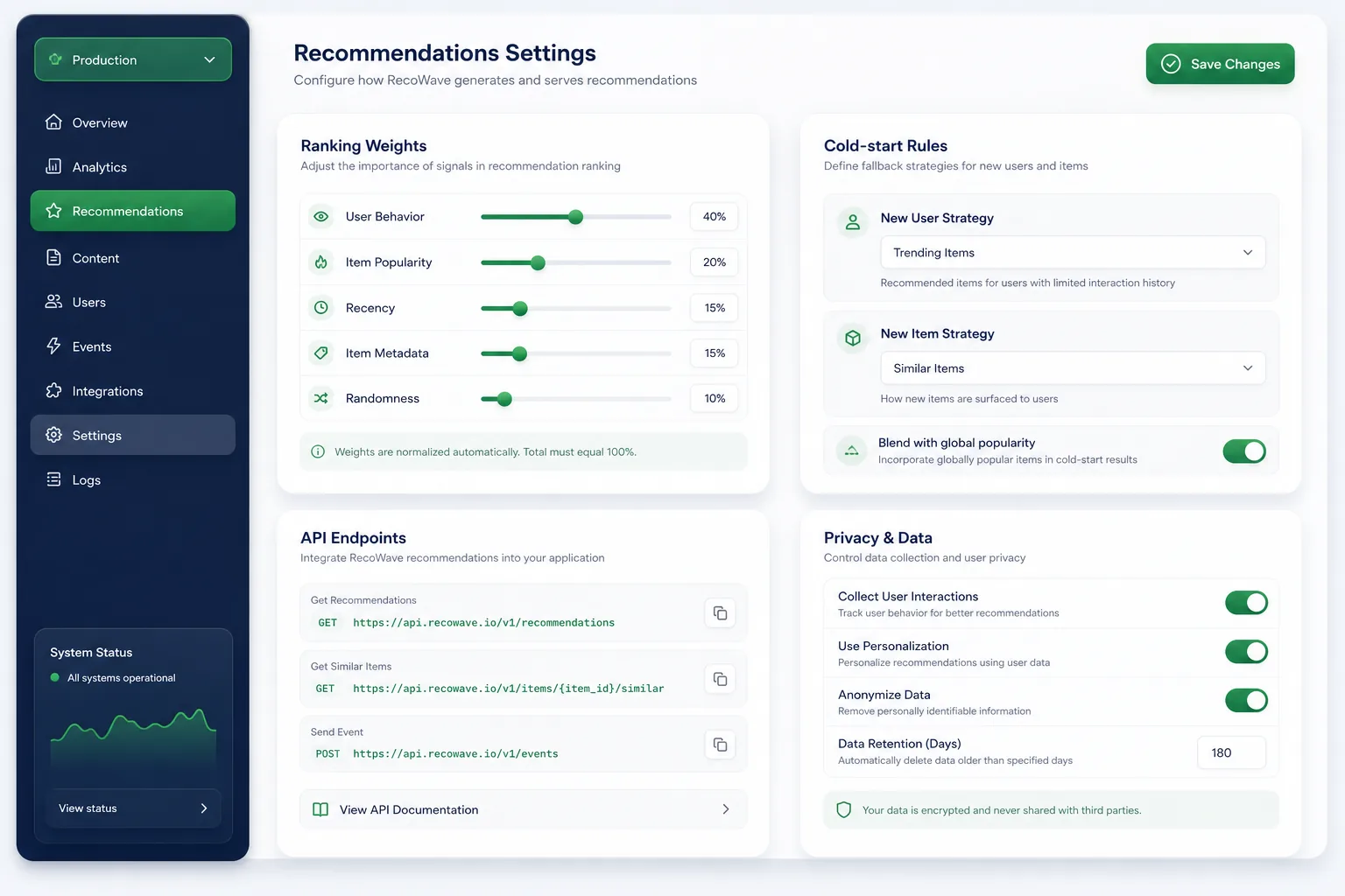 Personalised Product Recommendation Engine — settings and configuration