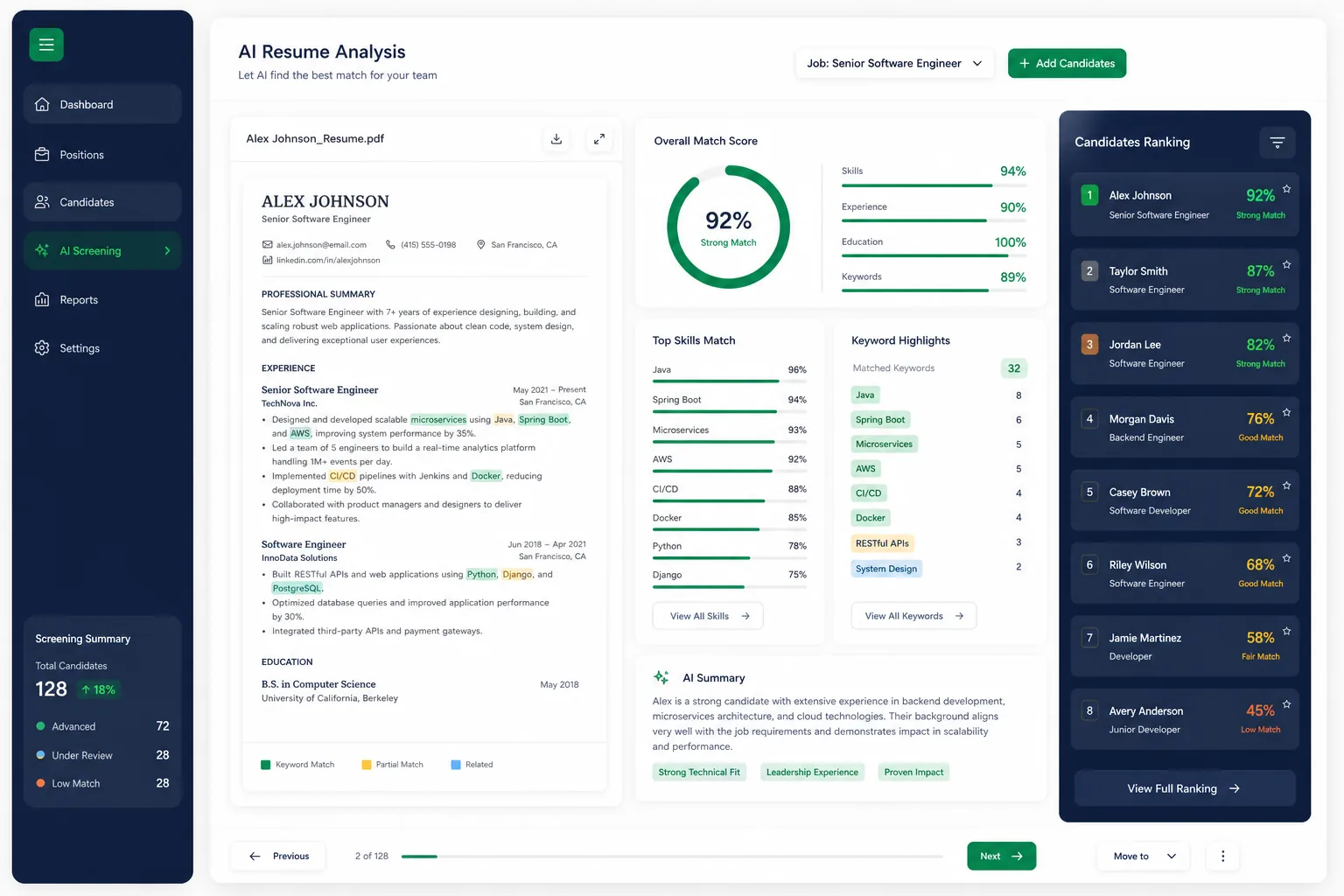 AI Resume Screening Platform — core workflow screen