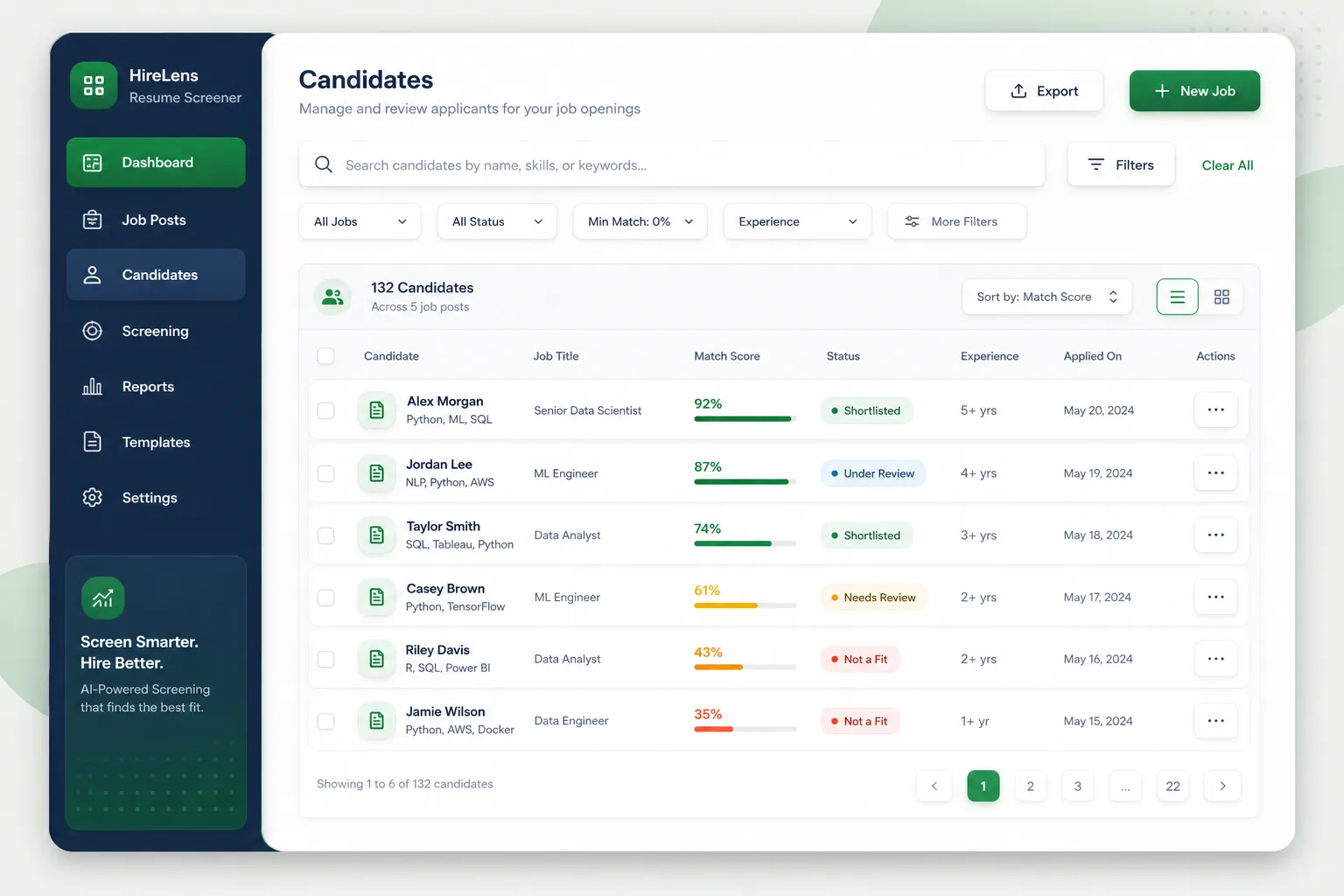 AI Resume Screening Platform — browse and list view