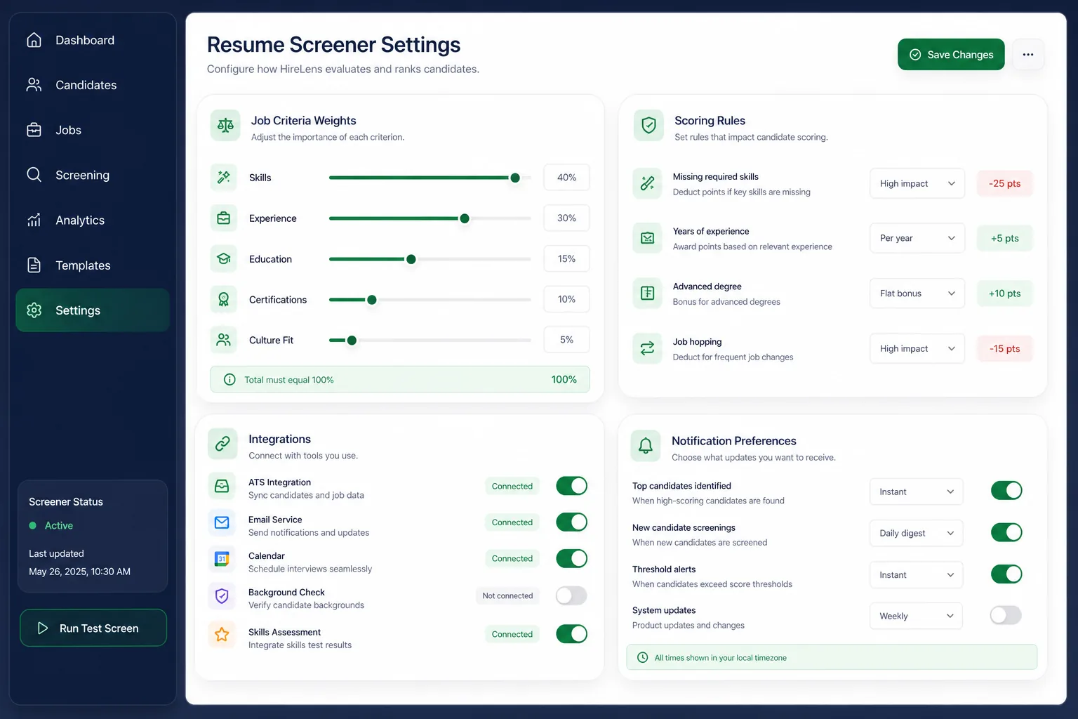 AI Resume Screening Platform — settings and configuration