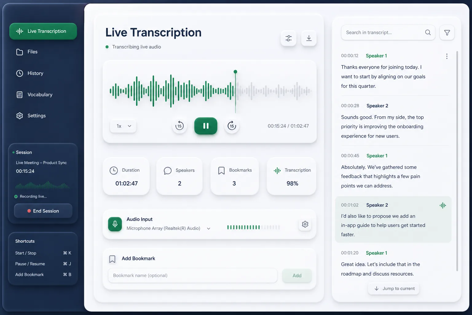 Multilingual Speech Transcription Platform — core workflow screen
