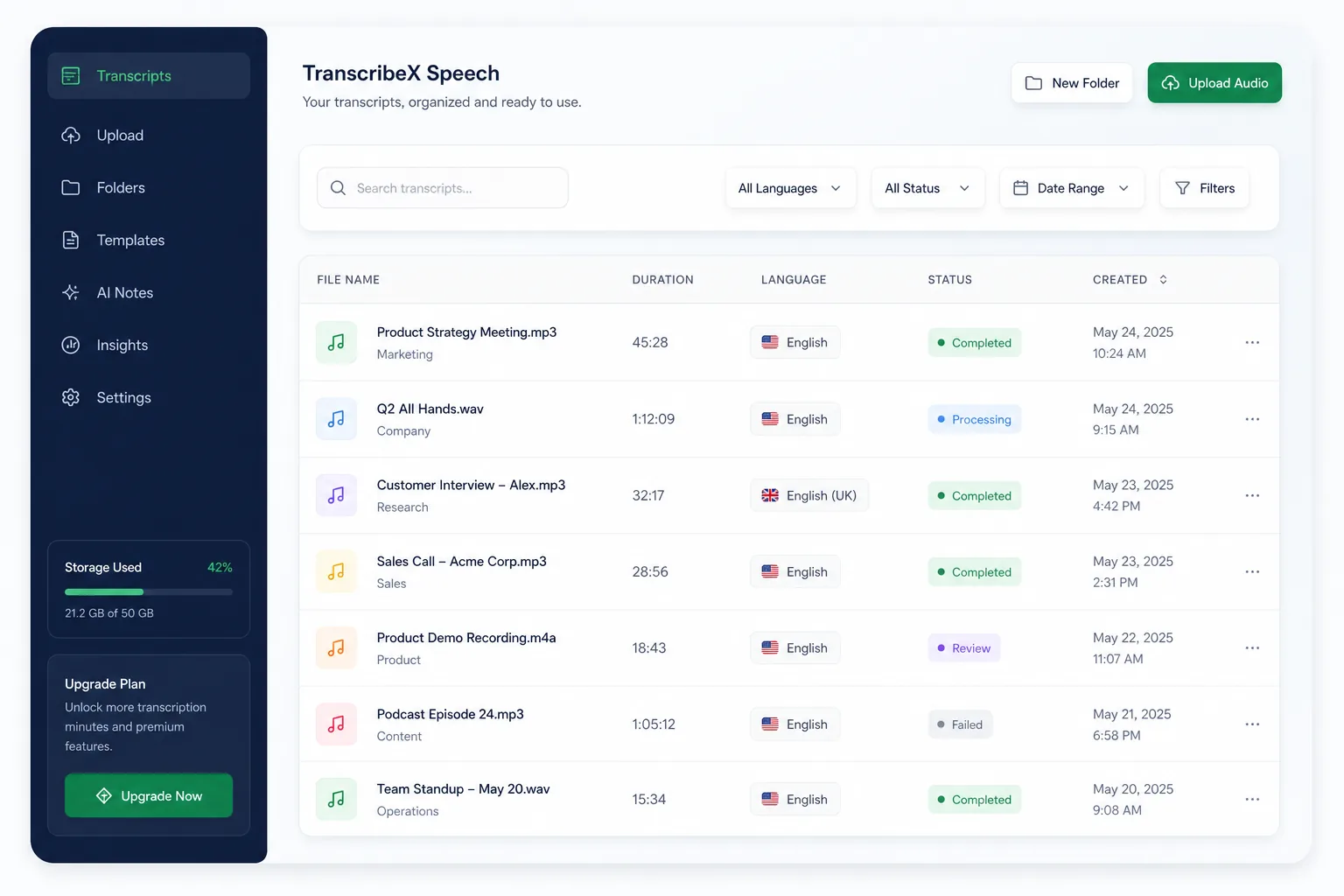 Multilingual Speech Transcription Platform — browse and list view