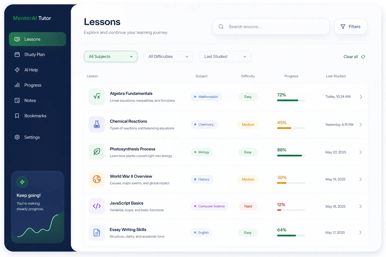 Adaptive AI Tutor with Socratic Hints — browse and list view