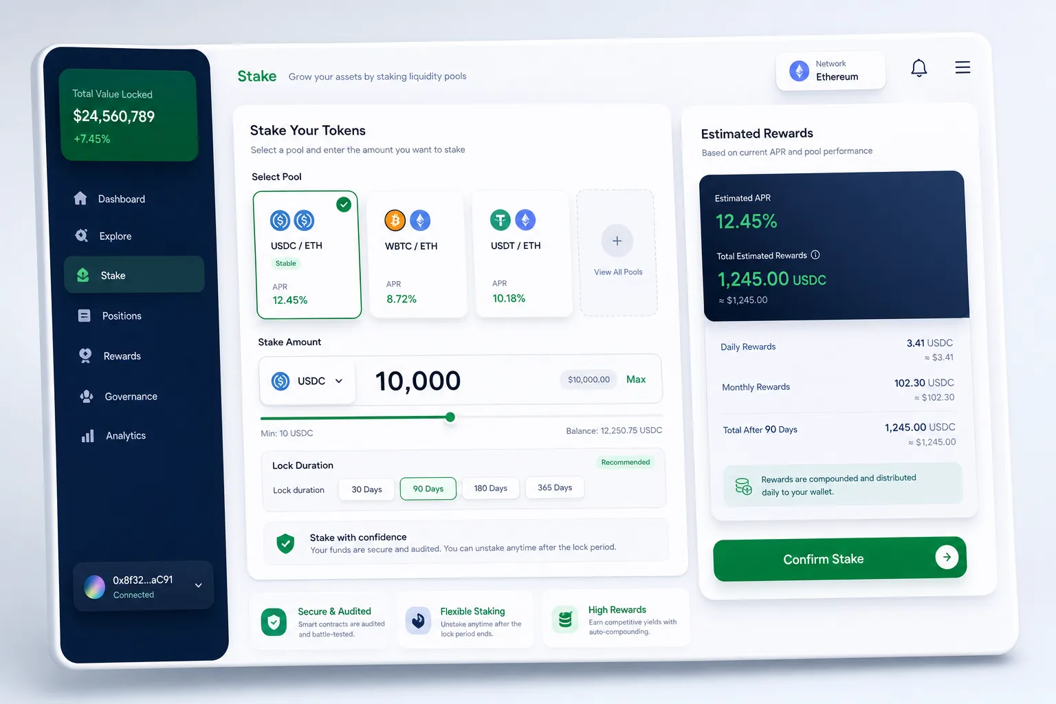 Non-Custodial DeFi Staking and Governance — core workflow screen