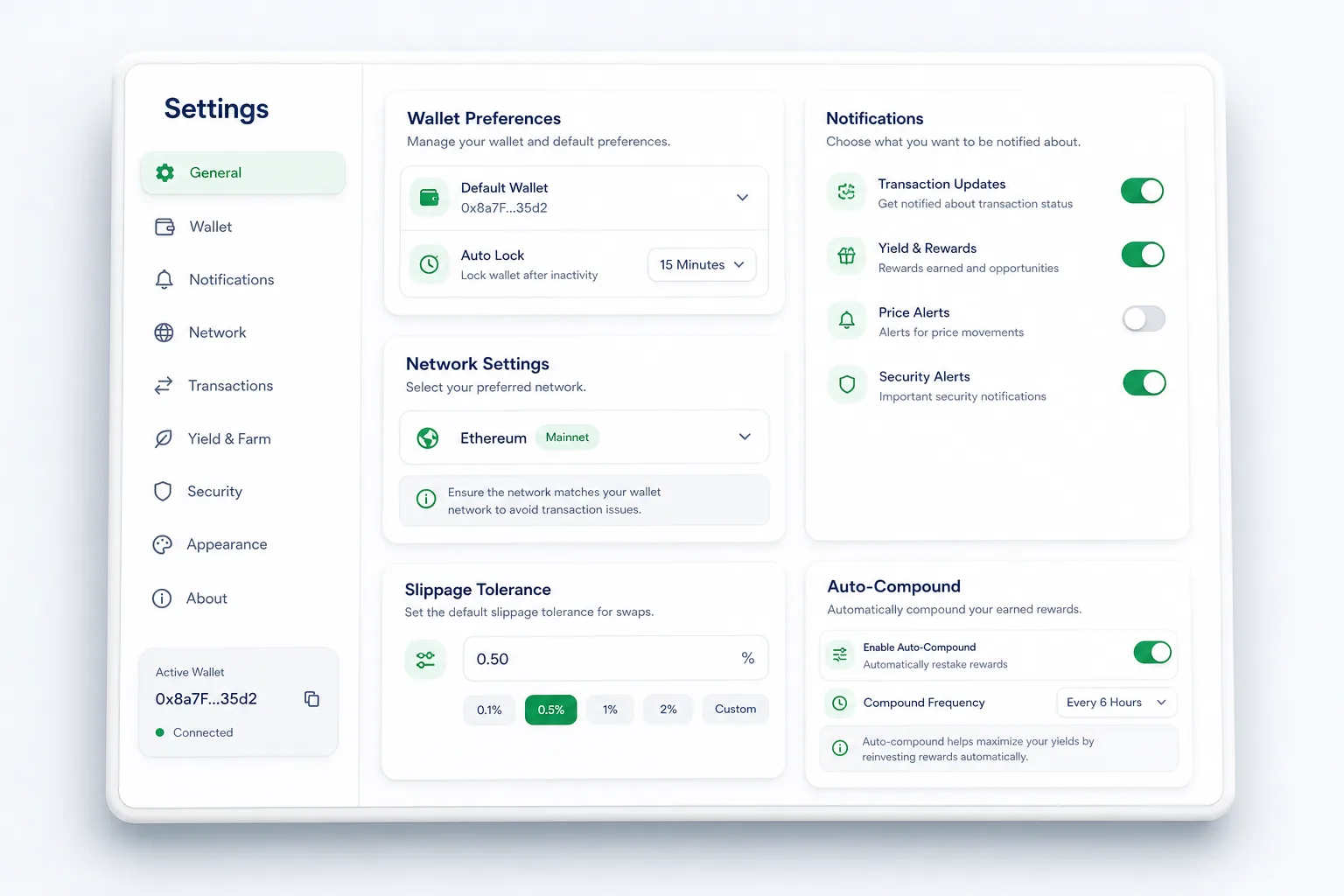 Non-Custodial DeFi Staking and Governance — settings and configuration