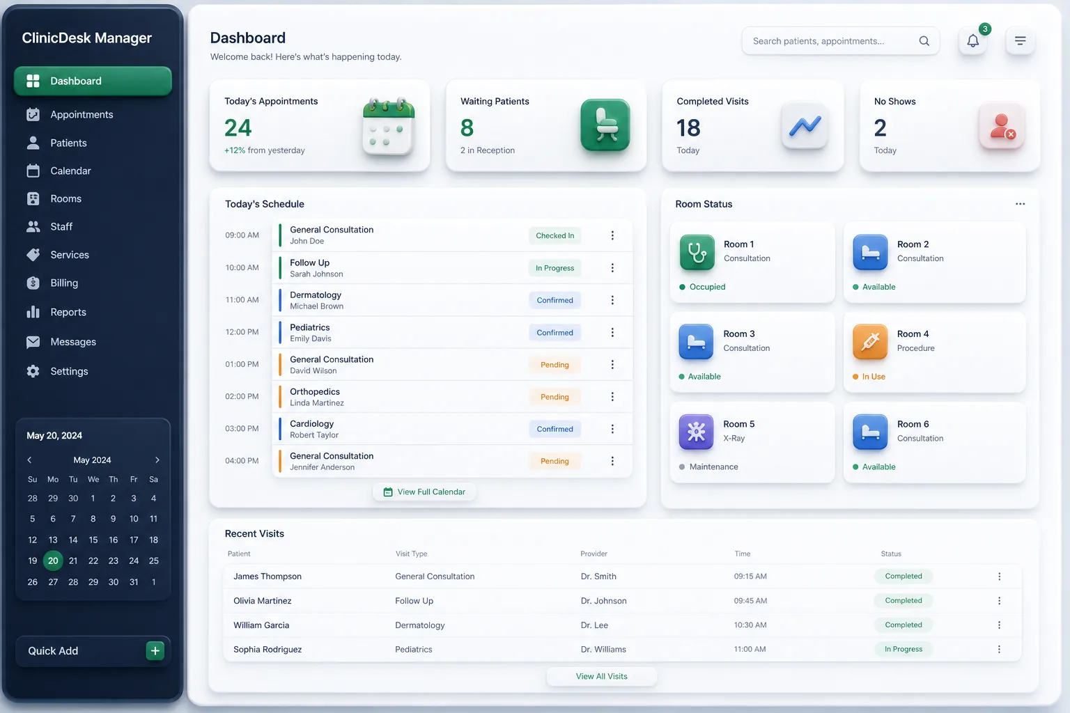 Clinic Scheduling and Patient Records App — dashboard overview