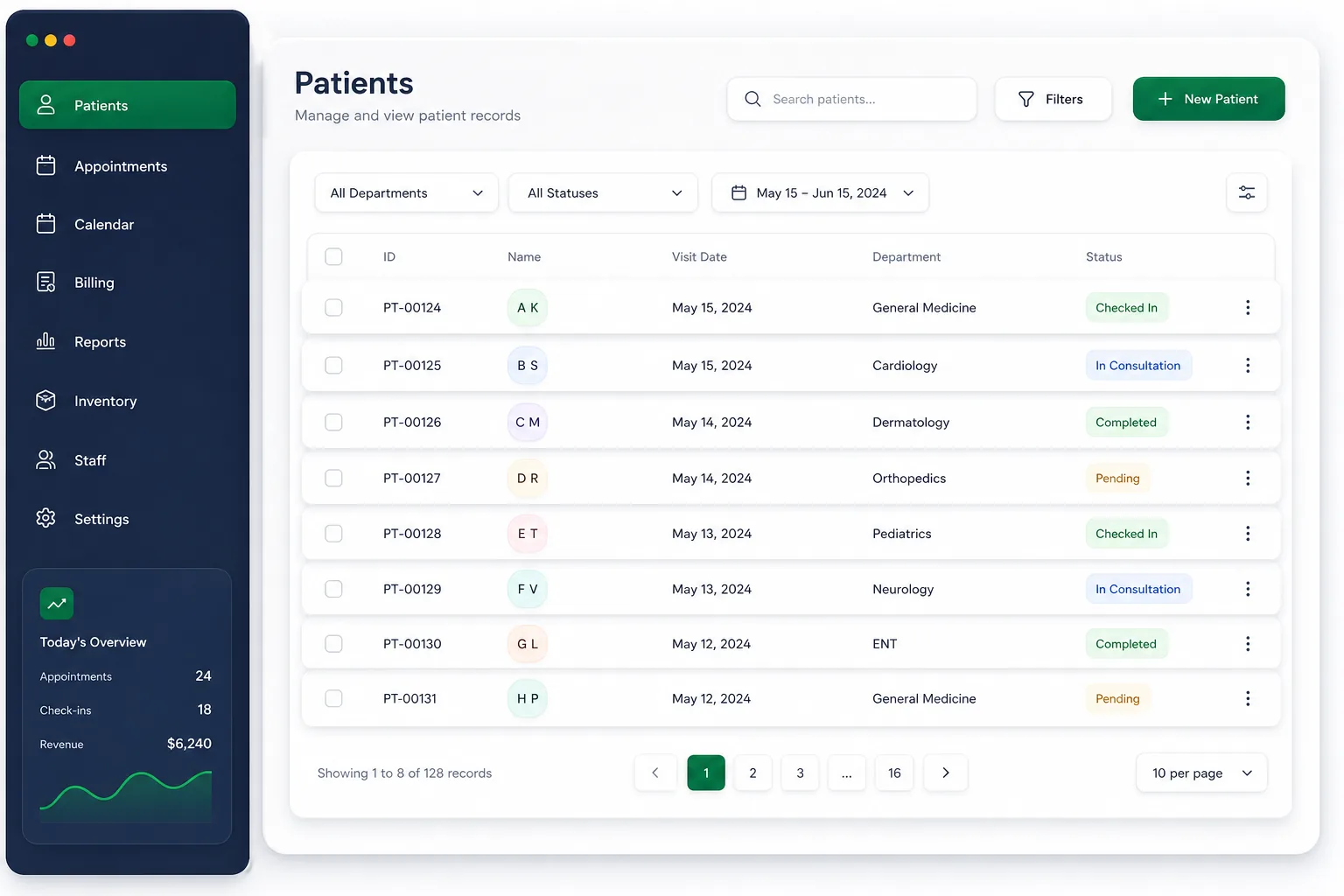 Clinic Scheduling and Patient Records App — browse and list view