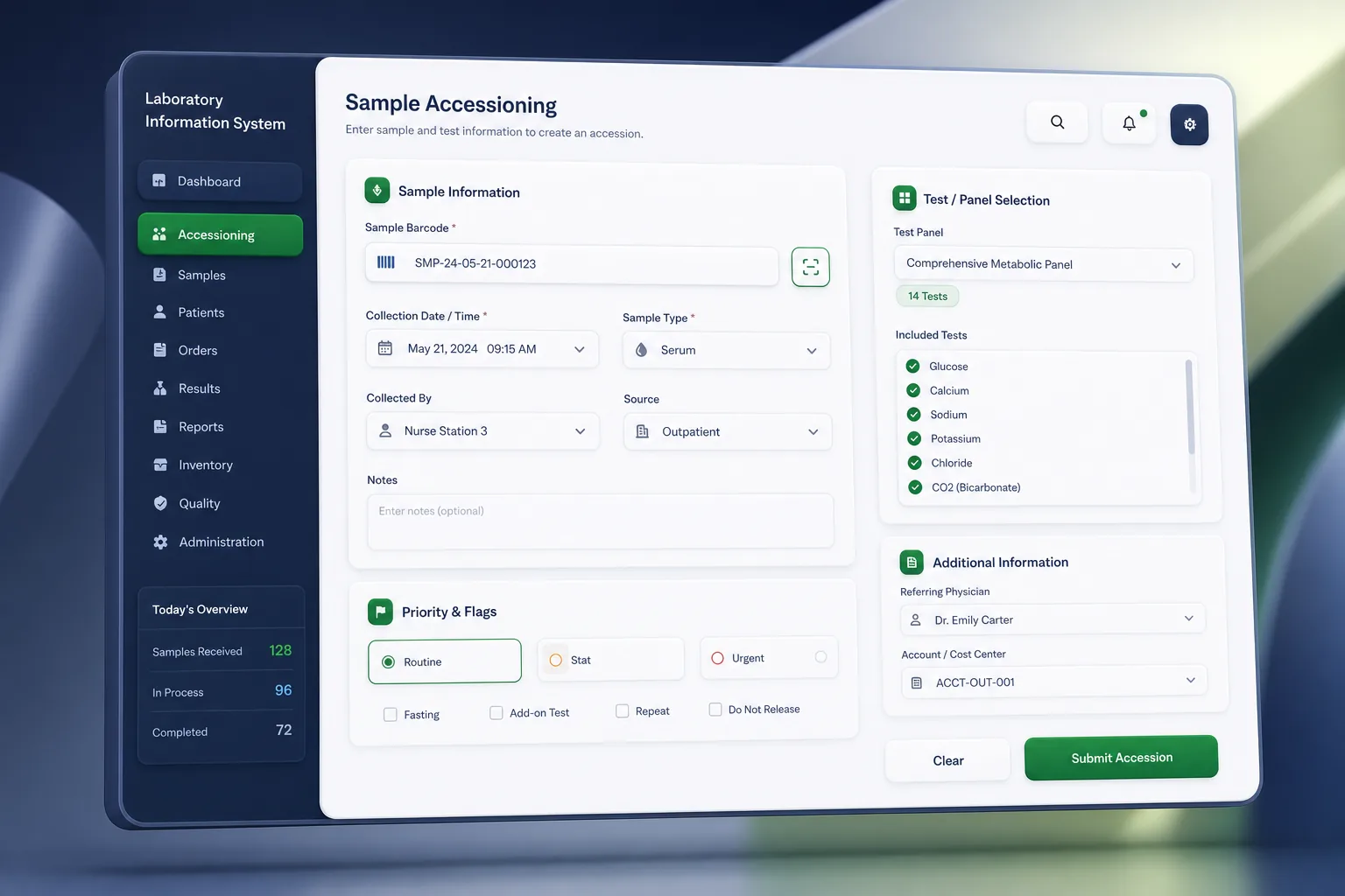 Lab Information System with Analyser Links — core workflow screen