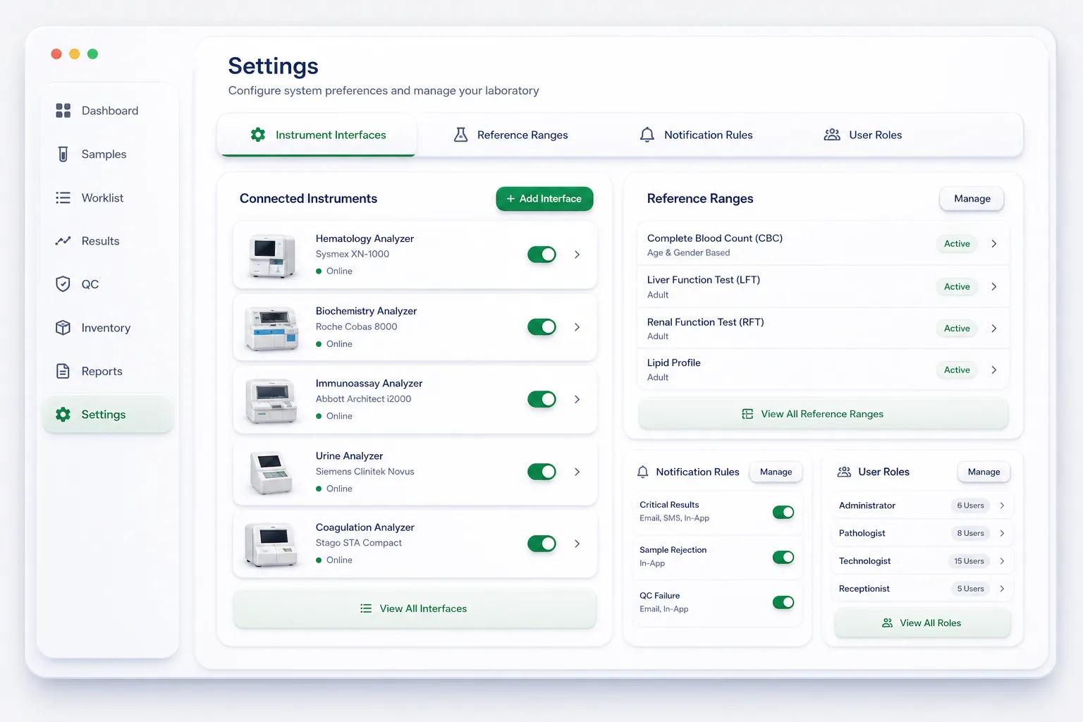 Lab Information System with Analyser Links — settings and configuration