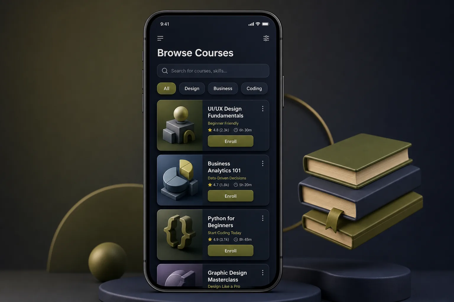 Micro-Learning E-Learning App — browse and list view