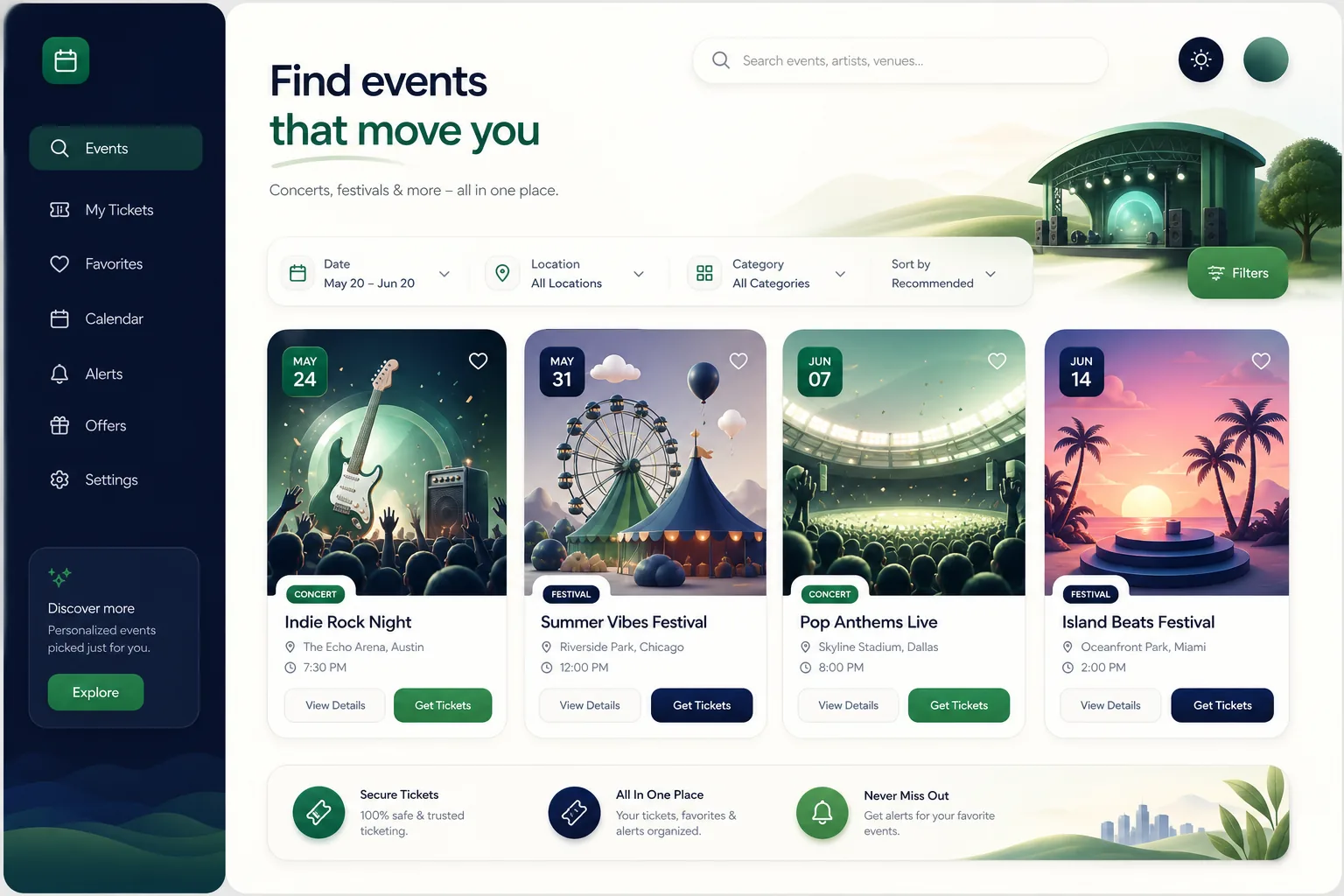 Event Ticketing Platform with Seat Maps — browse and list view