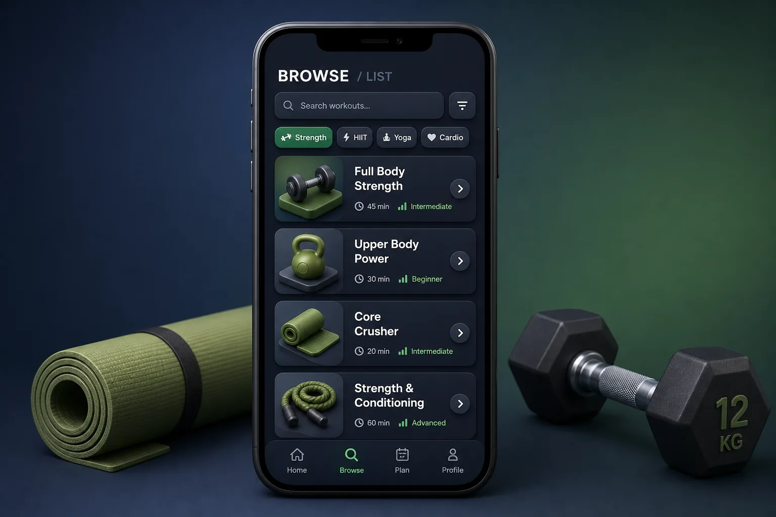 AI Fitness Coach App with Pose Detection — browse and list view