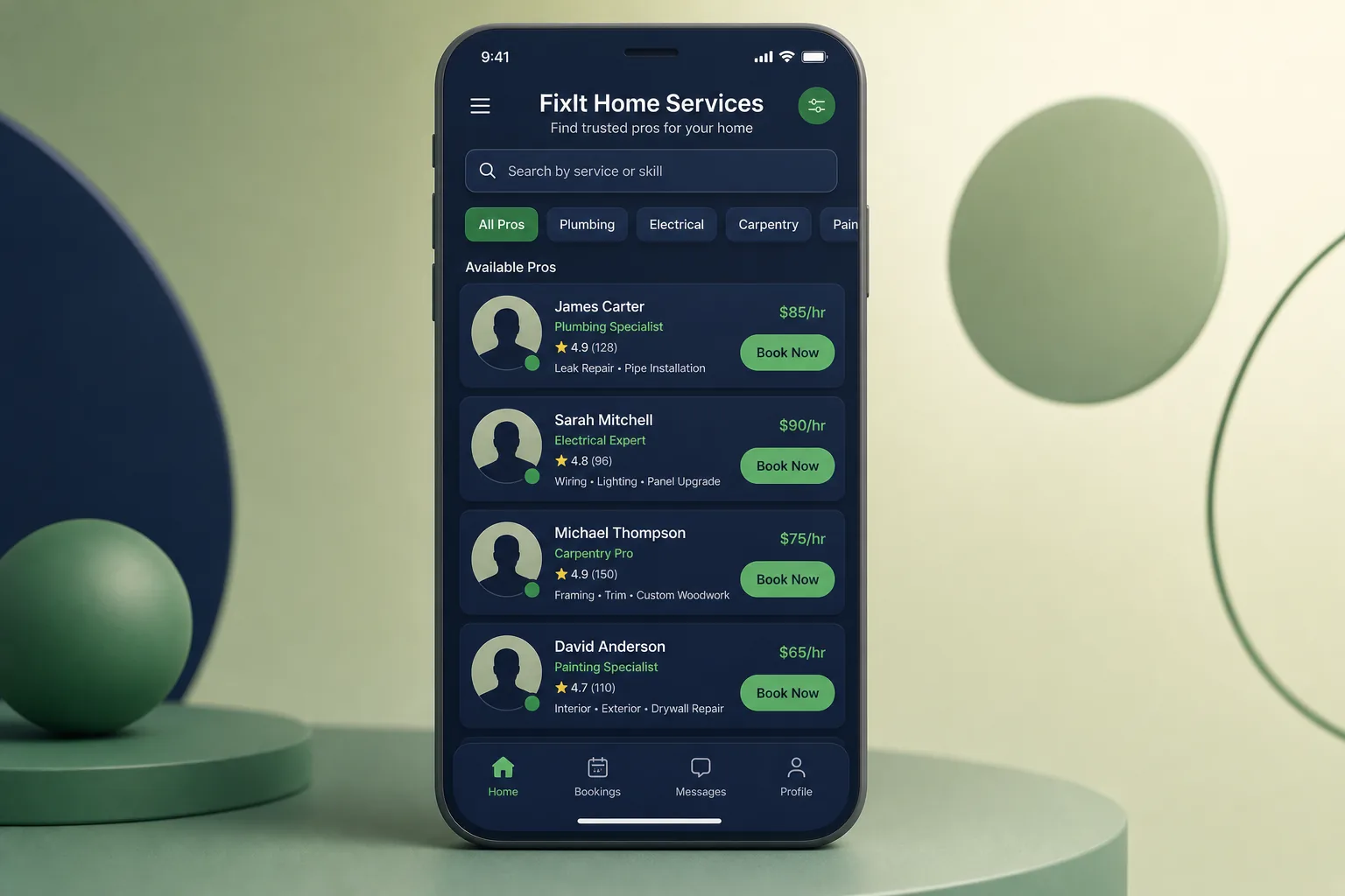 On-Demand Home Services Booking App — browse and list view