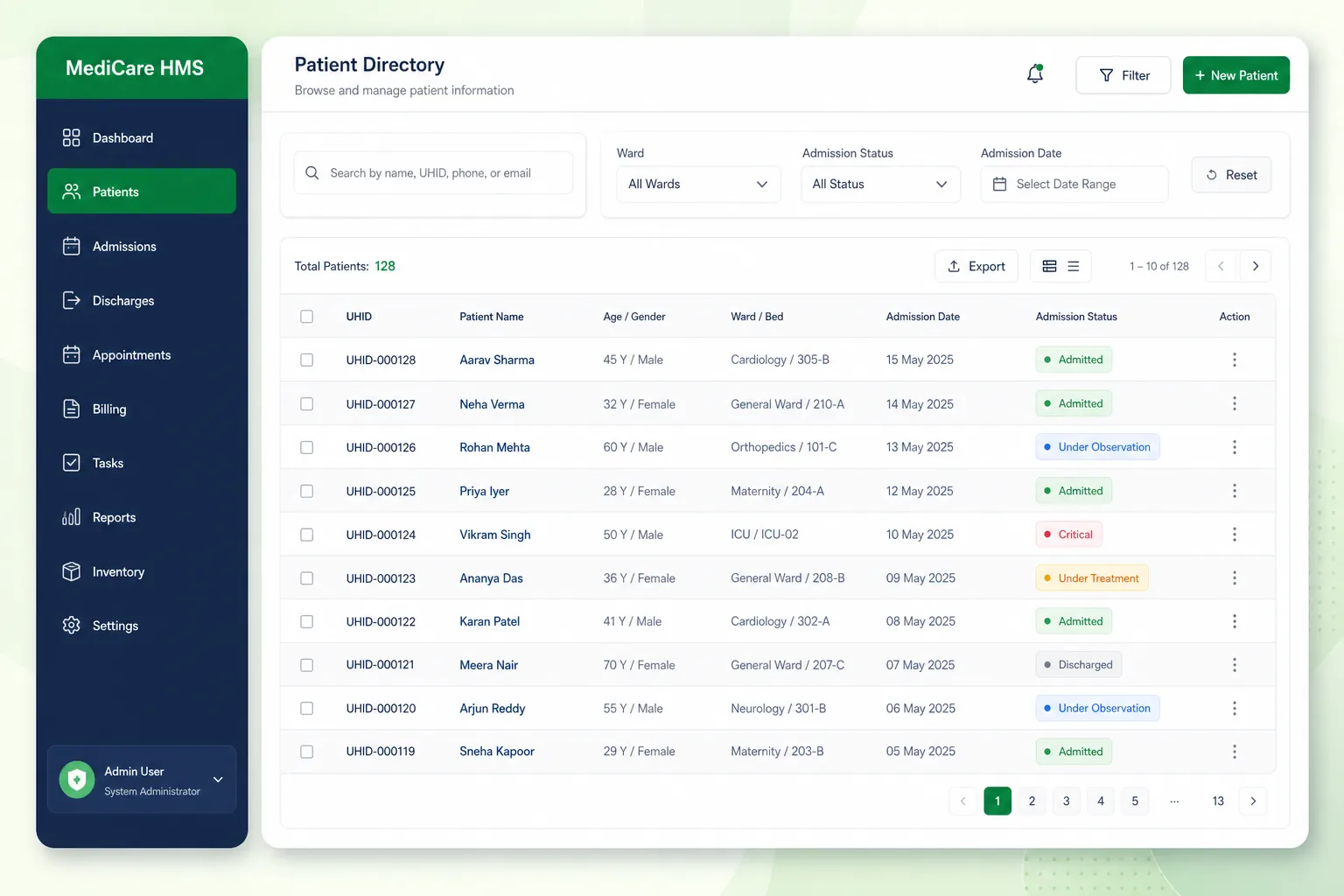 Hospital Management Suite: OPD to Billing — browse and list view
