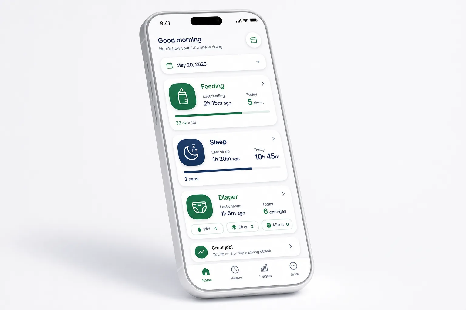 Baby Sleep and Feeding Tracker App — dashboard overview