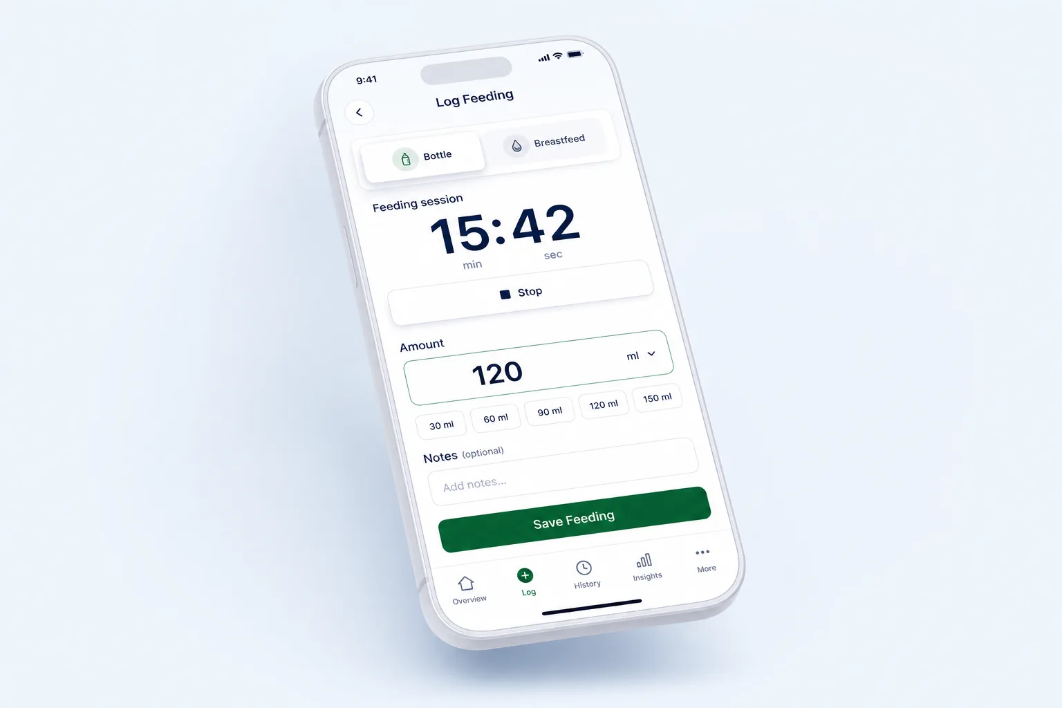 Baby Sleep and Feeding Tracker App — core workflow screen