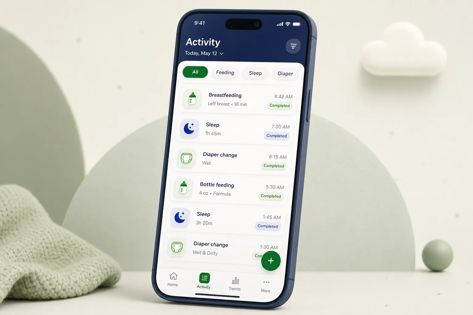 Baby Sleep and Feeding Tracker App — browse and list view