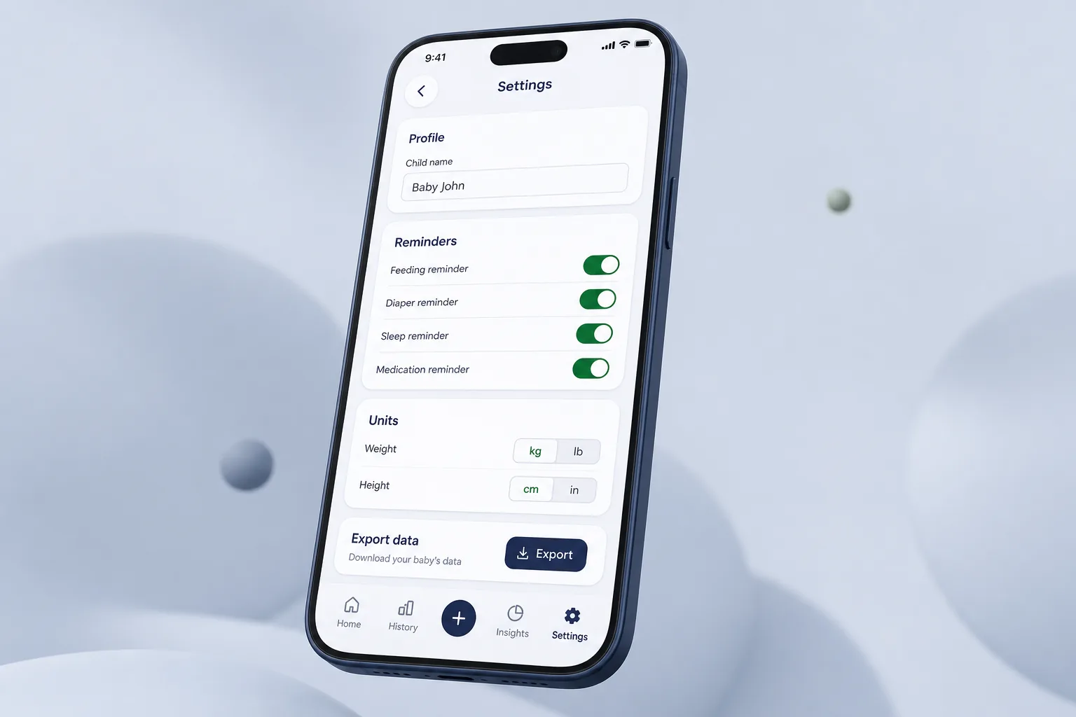 Baby Sleep and Feeding Tracker App — settings and configuration