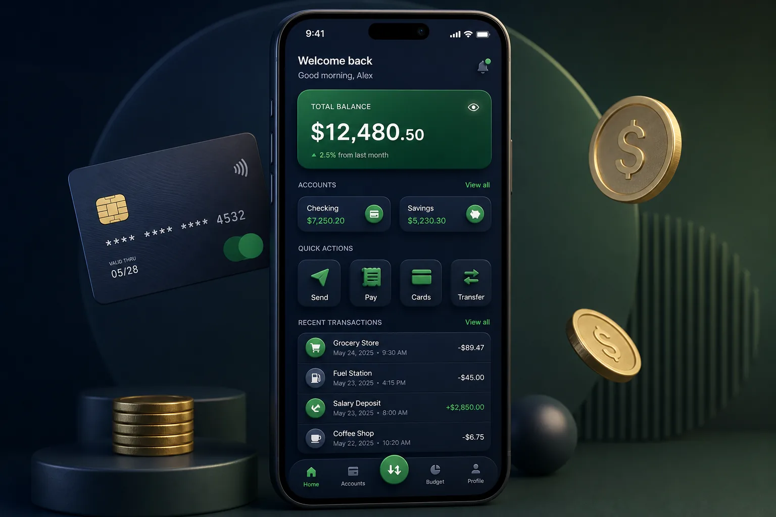 Native Neo-Bank App with Savings Goals — dashboard overview