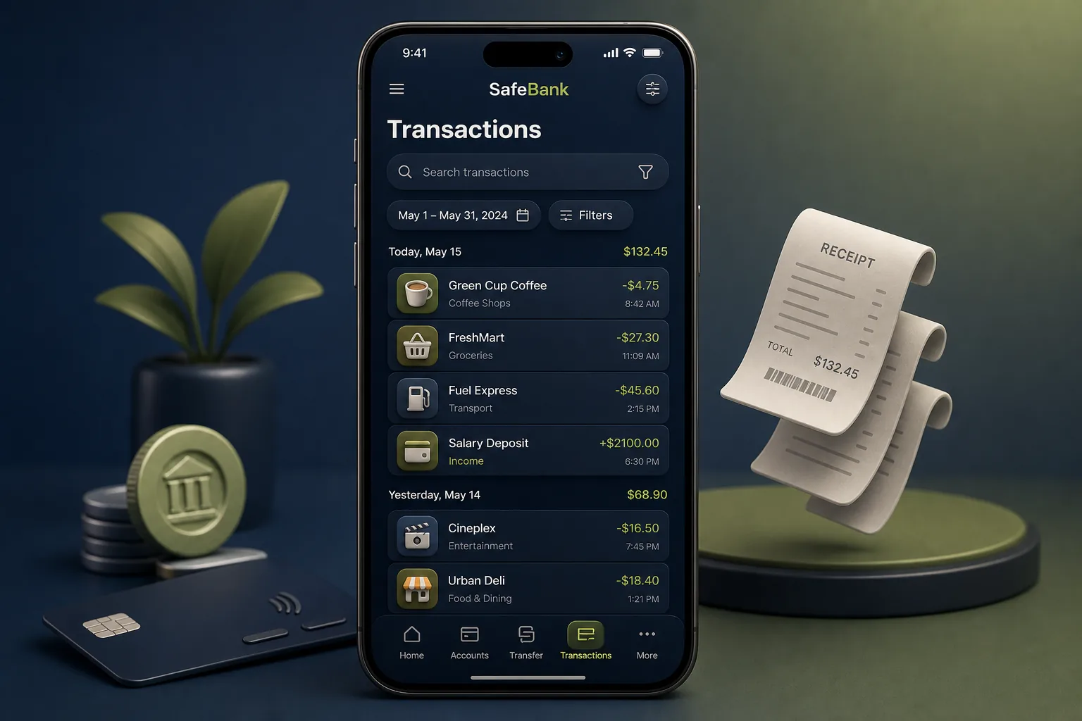 Native Neo-Bank App with Savings Goals — browse and list view