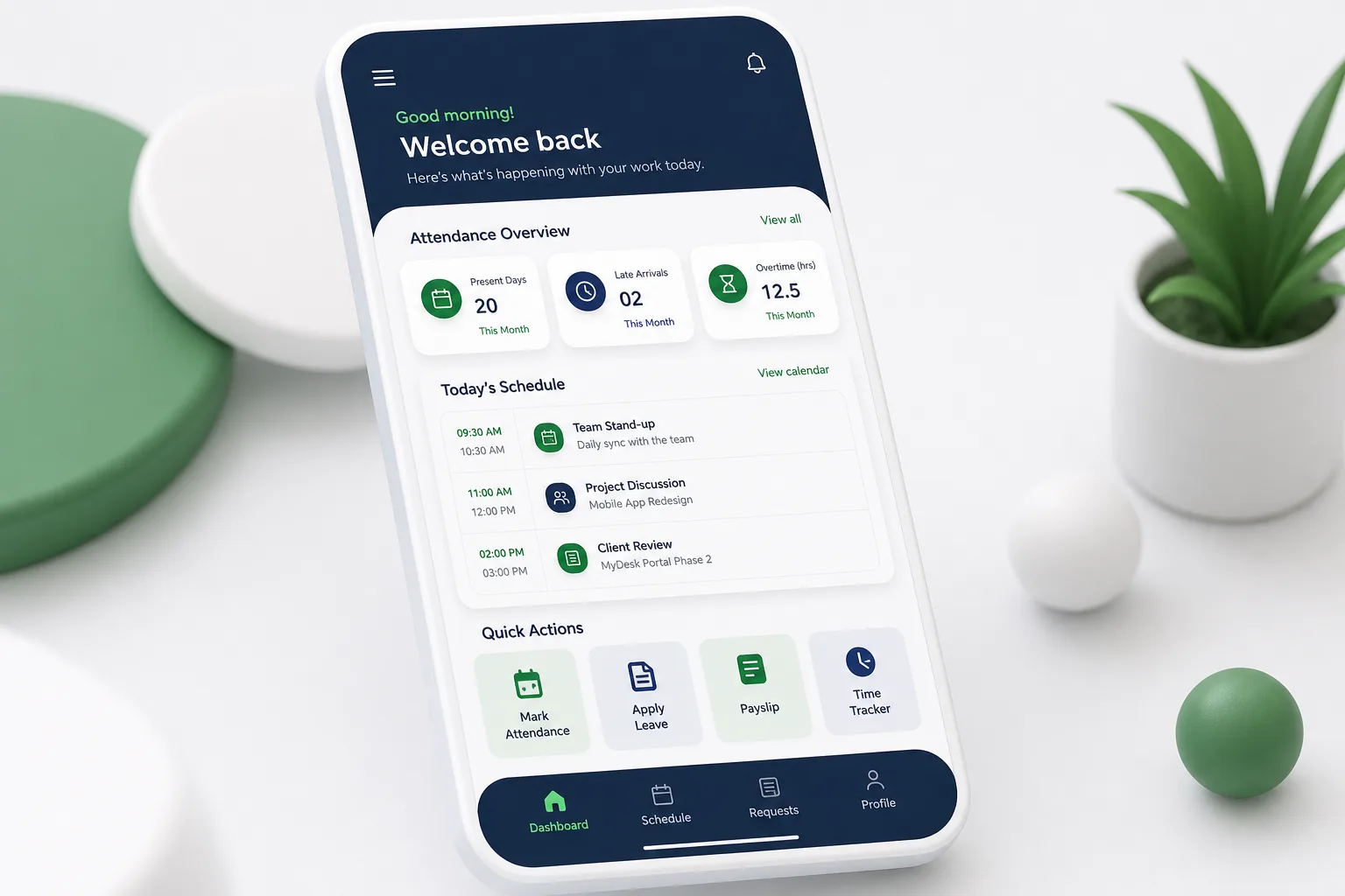 Employee Self-Service and Attendance App — dashboard overview