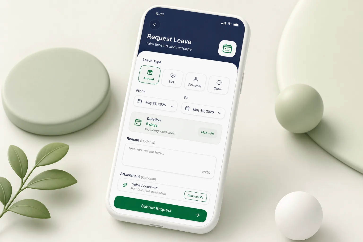 Employee Self-Service and Attendance App — core workflow screen