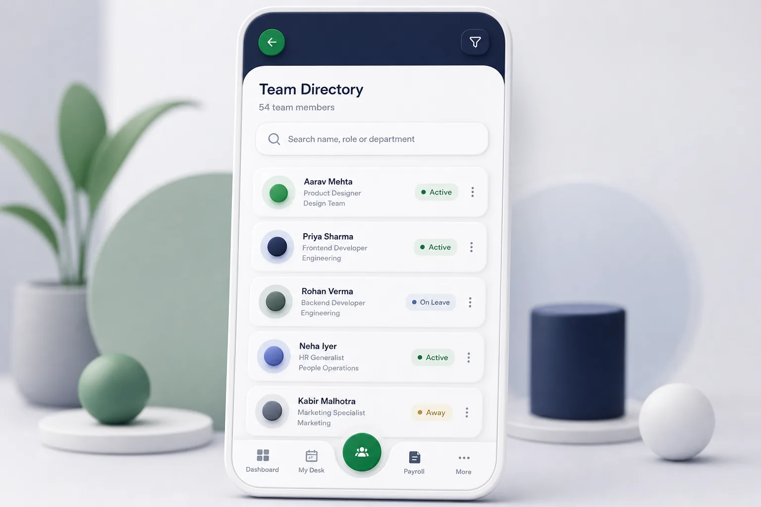 Employee Self-Service and Attendance App — browse and list view