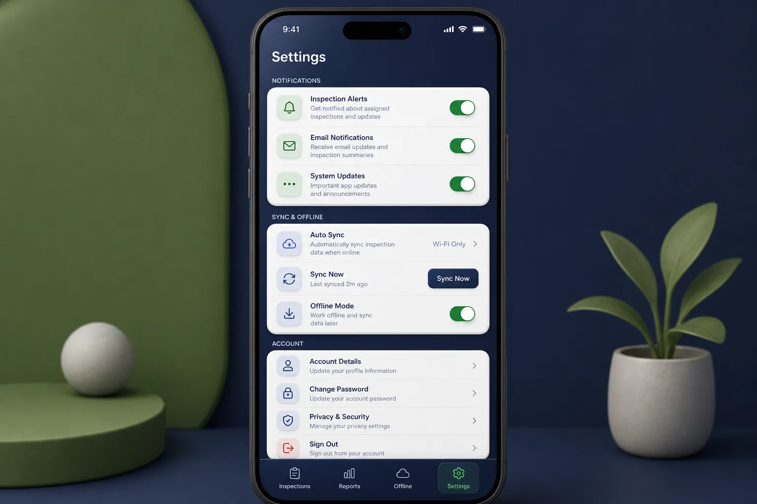 Offline Site Inspection App — settings and configuration