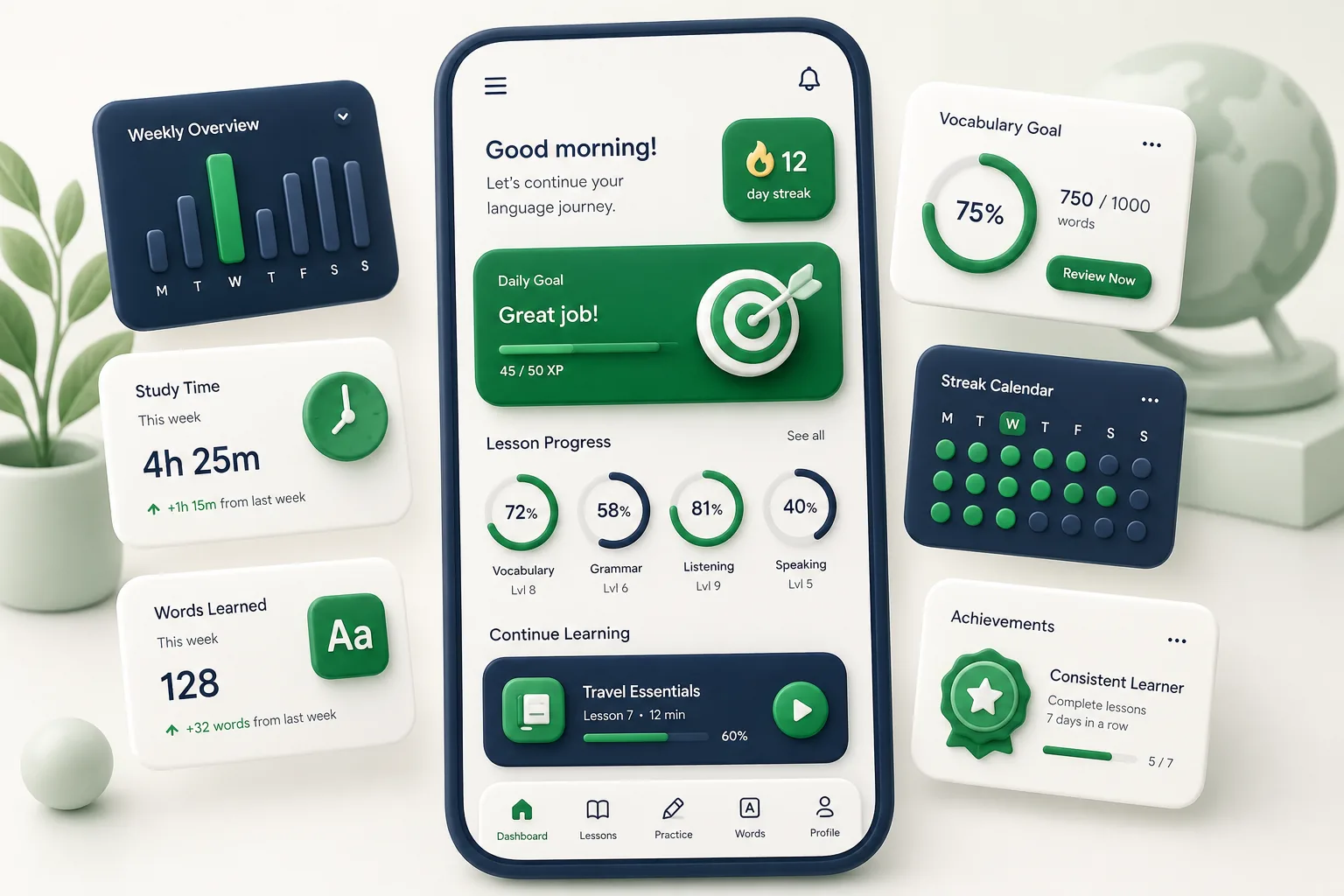 Language Learning App with Speech Scoring — dashboard overview