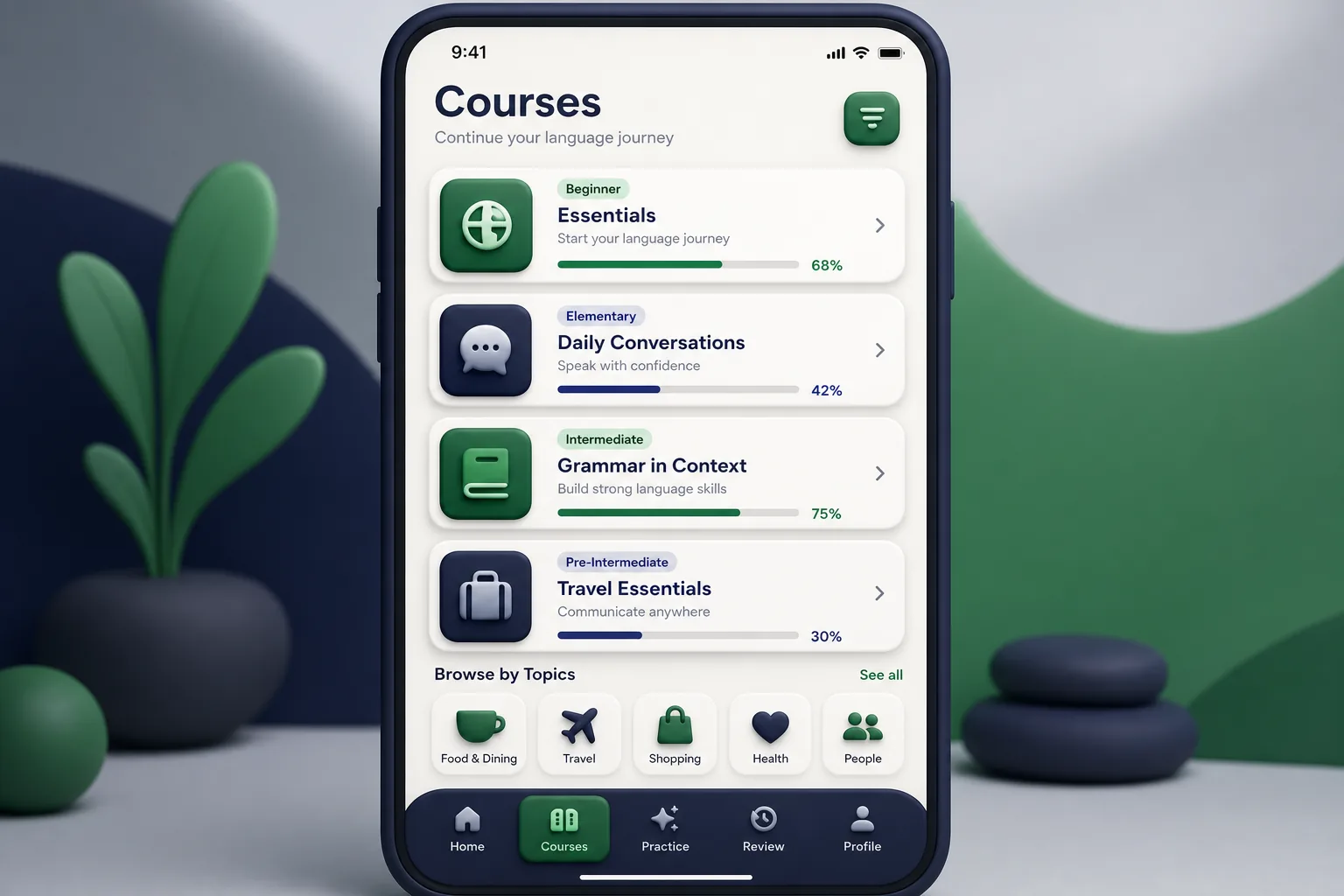 Language Learning App with Speech Scoring — browse and list view