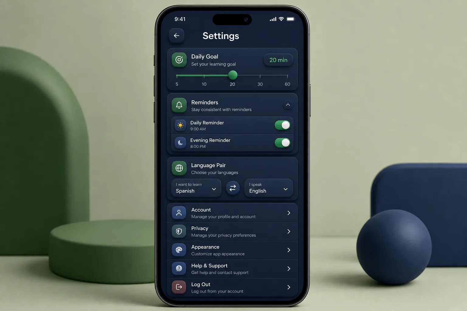 Language Learning App with Speech Scoring — settings and configuration