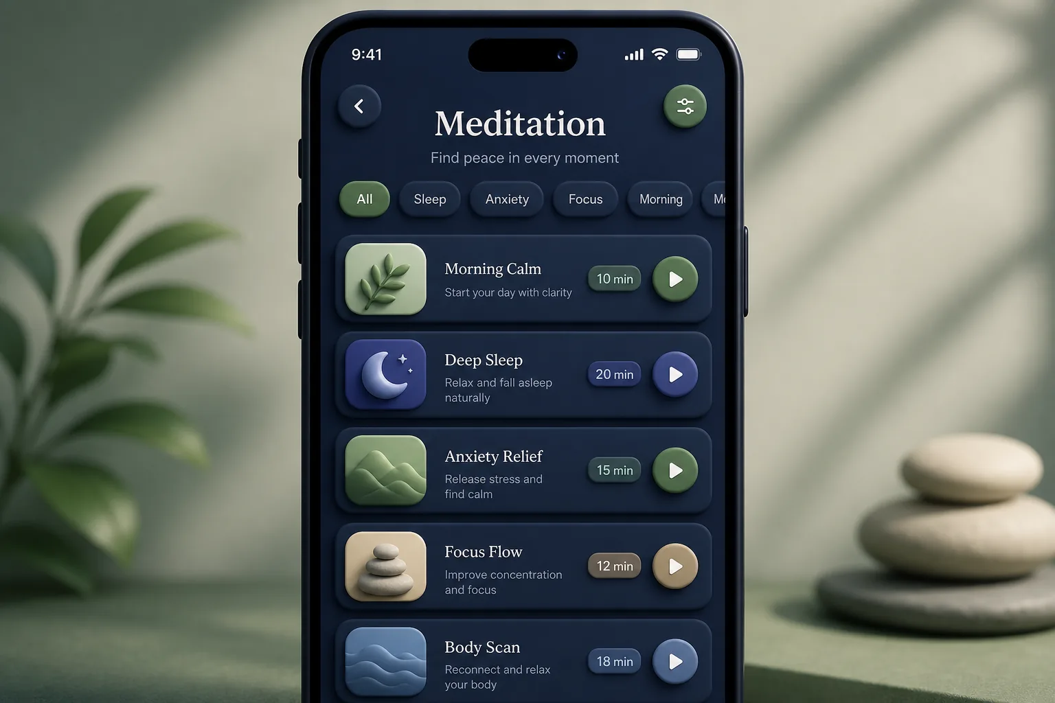 Meditation and Sleep Stories App — browse and list view