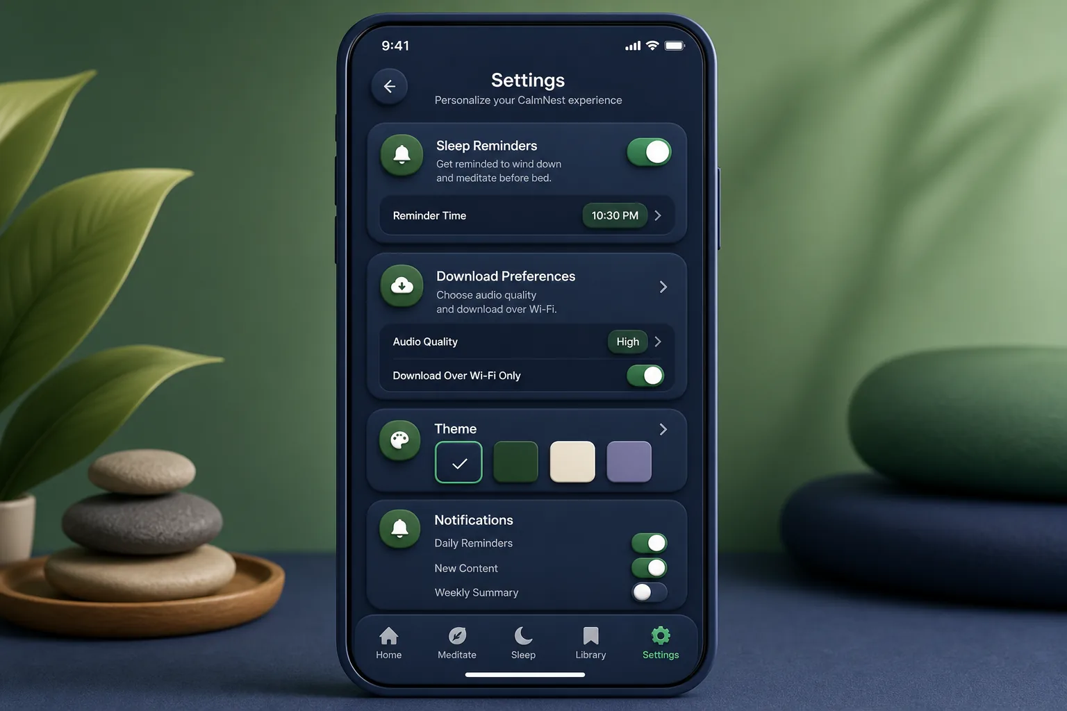 Meditation and Sleep Stories App — settings and configuration