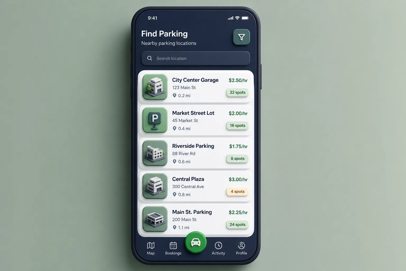 Smart Parking App with ANPR Entry — browse and list view