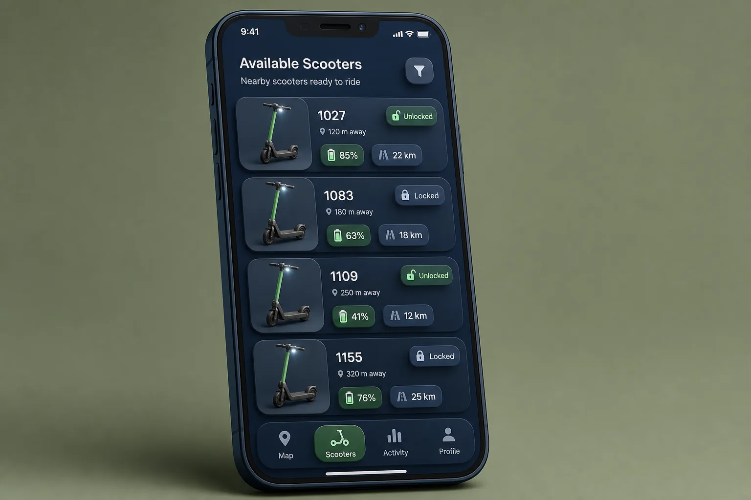 E-Scooter Sharing App with Geofencing — browse and list view
