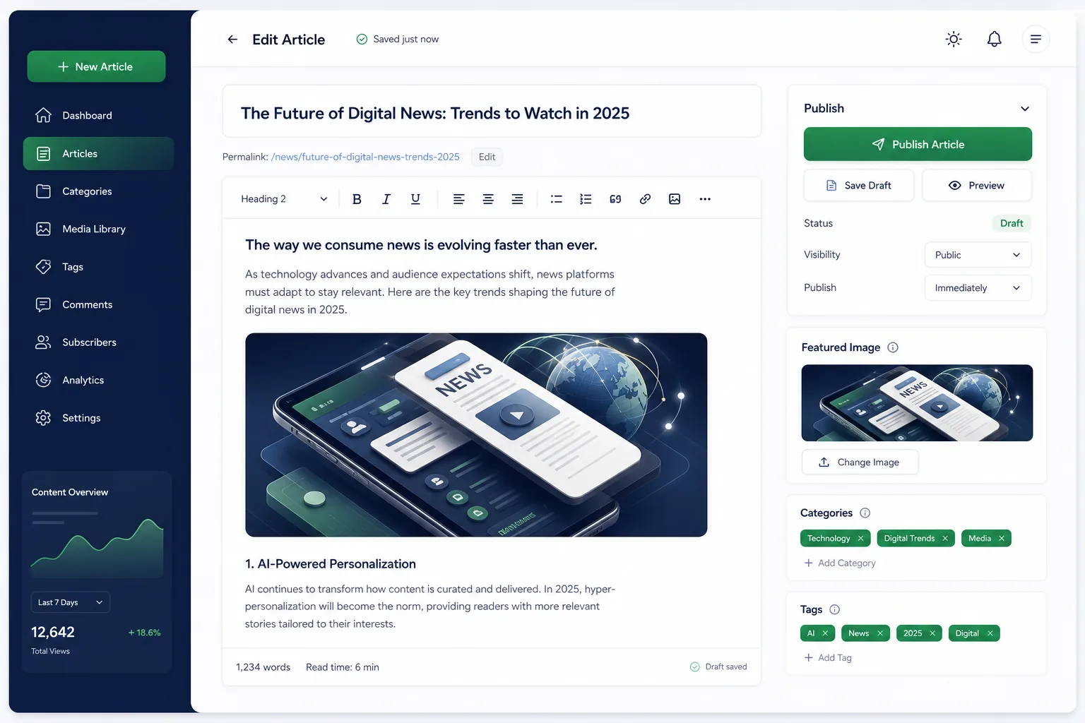 Newsroom CMS with Live Blogs and AMP — core workflow screen