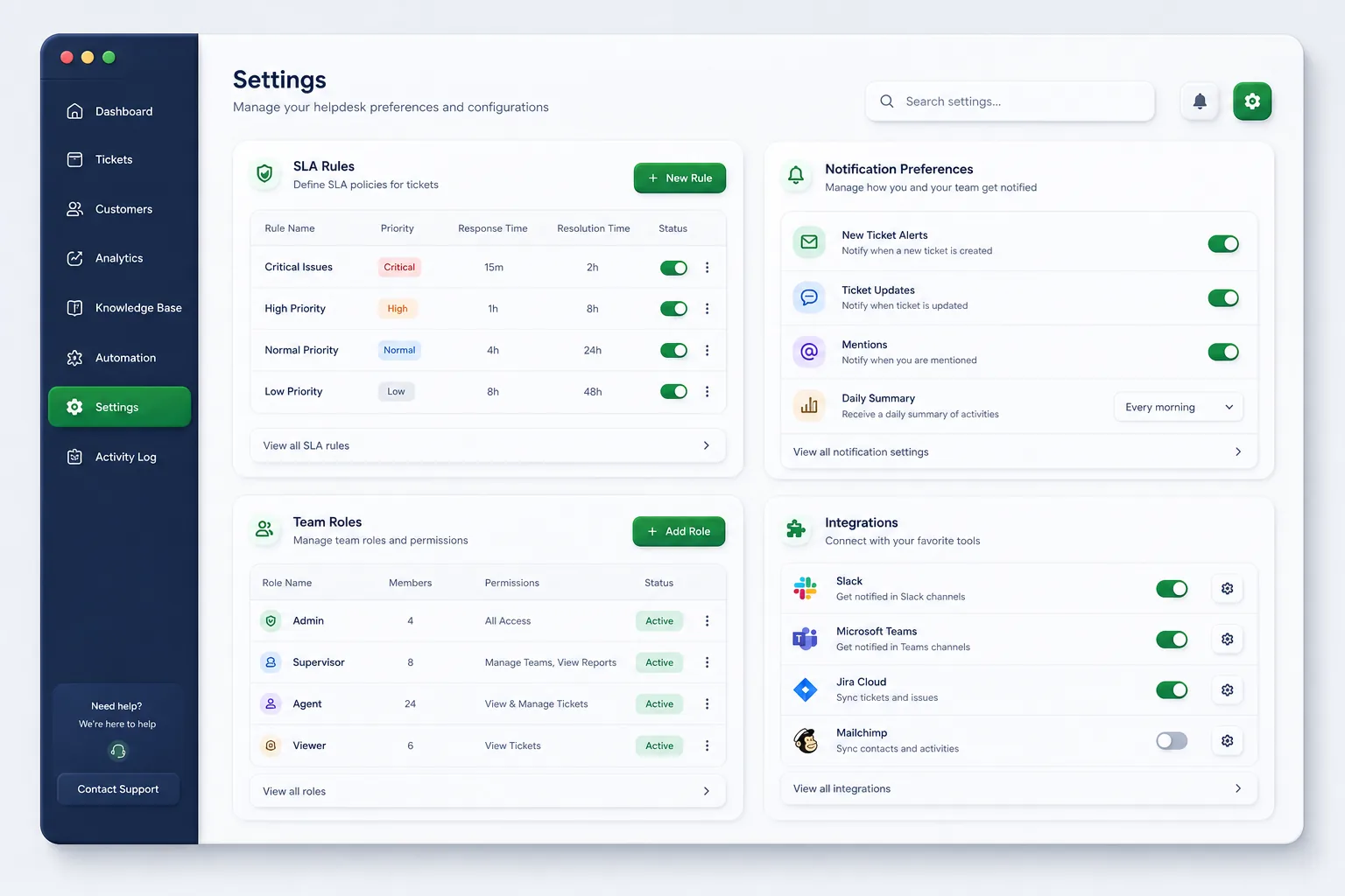 Omnichannel Helpdesk SaaS — settings and configuration