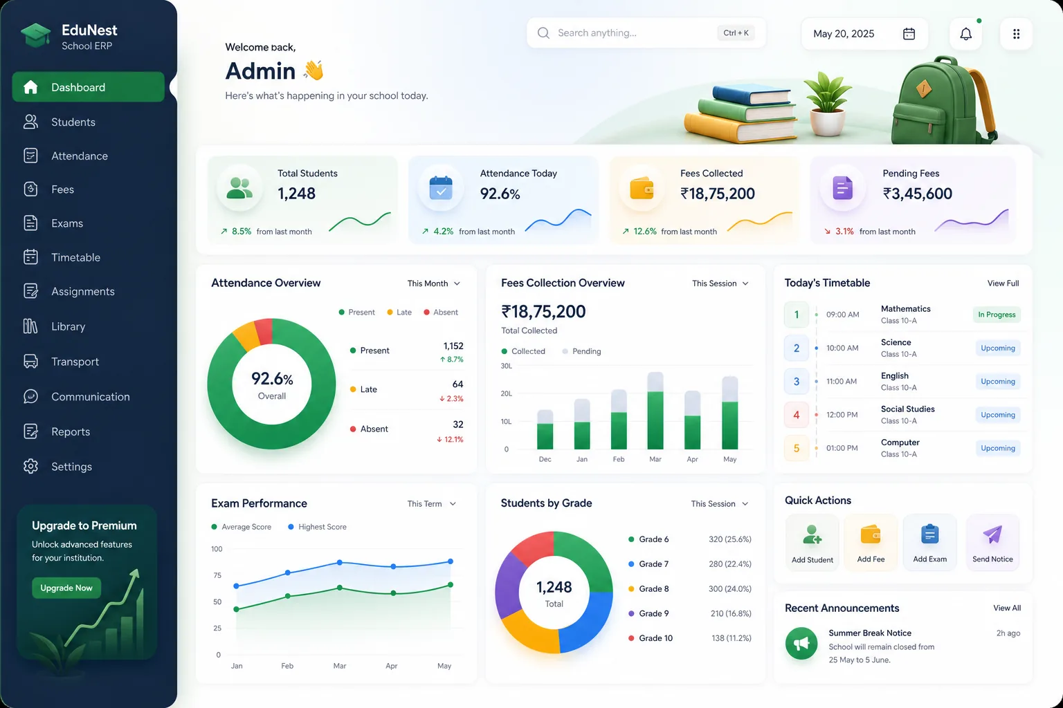 School ERP with Fees and Parent Portal — dashboard overview