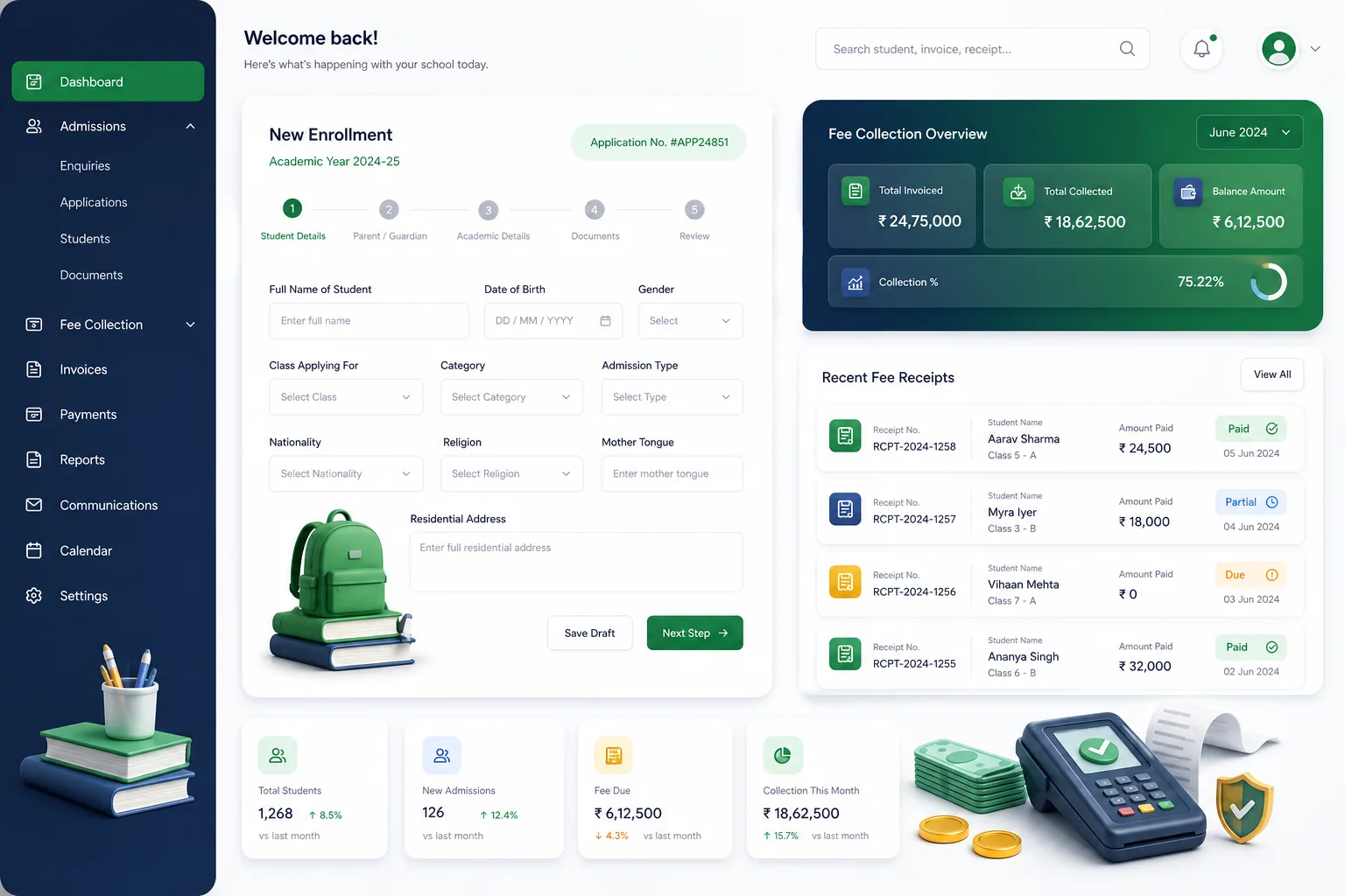 School ERP with Fees and Parent Portal — core workflow screen